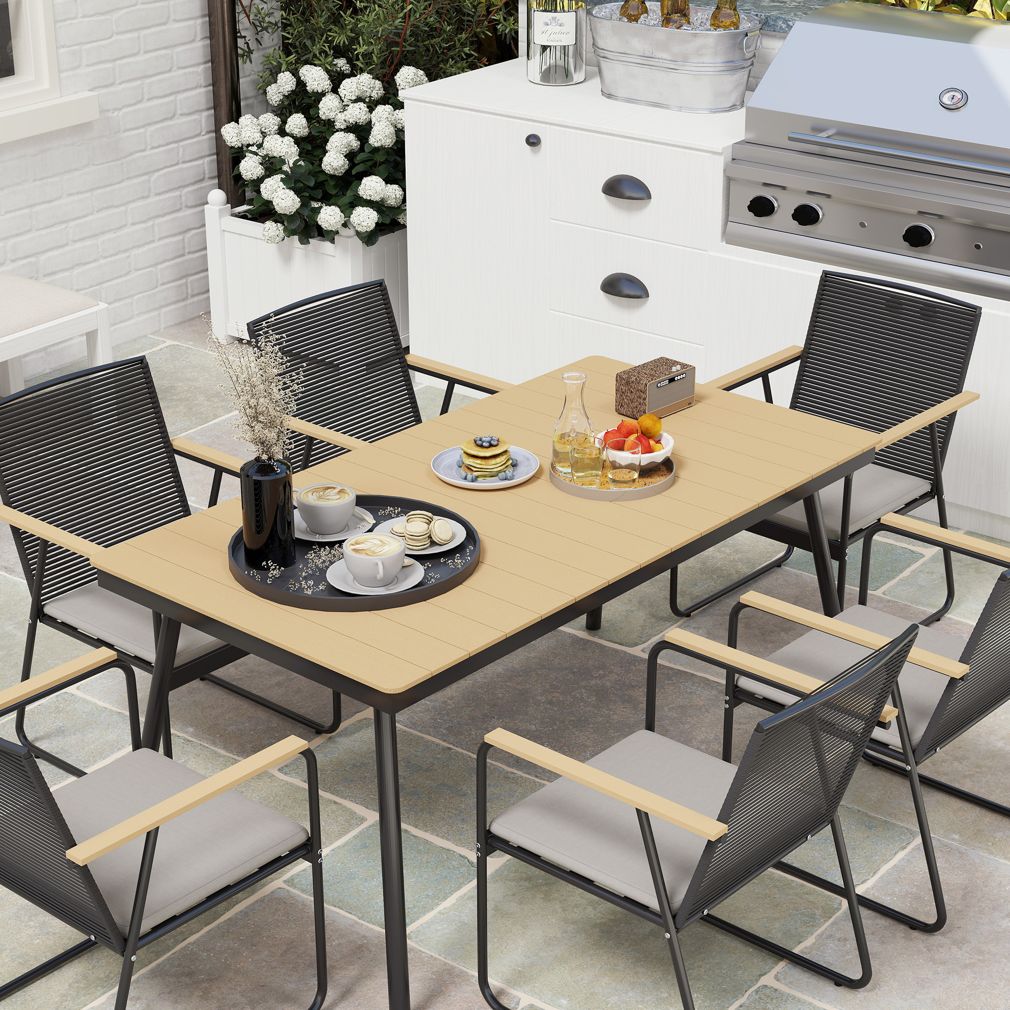 Sitzgruppe 7-teilig Metall Essgruppe für 6 Personen Esstisch mit Tisch 6 Stühlen Esszimmergruppe Naturholz+Schwarz