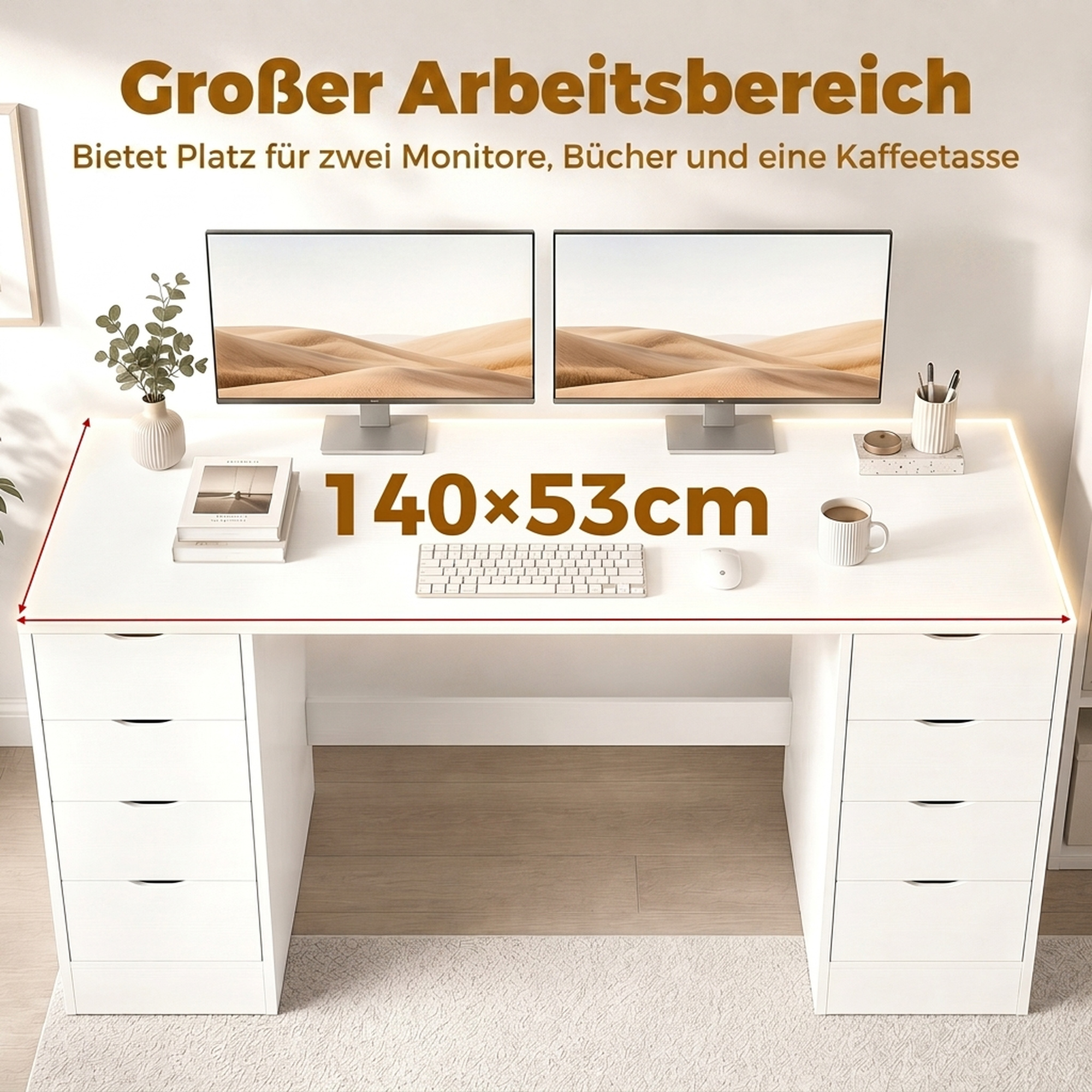 Schreibtisch 140 cm mit 8 Schubladen, moderner Bürotisch mit Stauraum, weiße Holzoptik