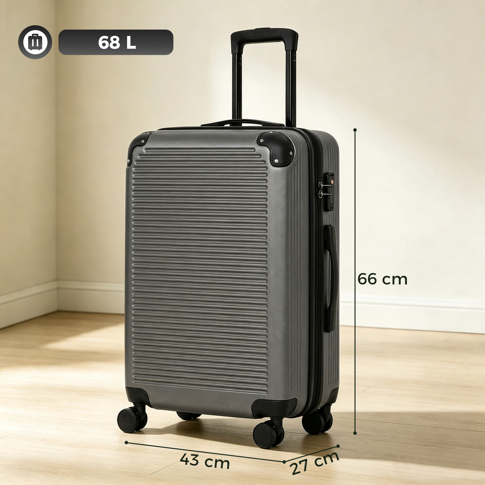 Hartschalenkoffer 66 cm, erweiterbar, ABS, mit 4 Spinner-Rollen, oberem und seitlichem Griff, TSA-Schloss, Dunkelgrau