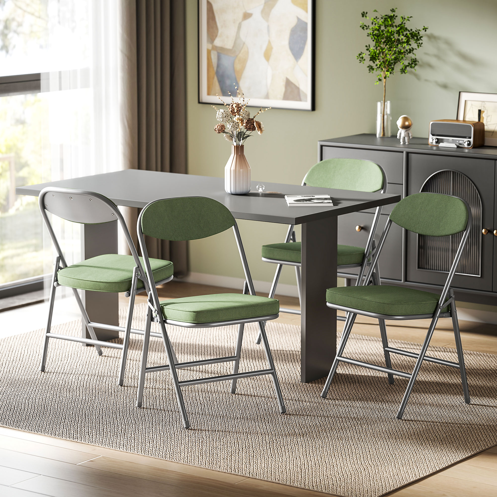 4er-Set gepolsterte Klappstühle, Faltbare Stühle mit Cordbezug, Rückenlehne, Metallrahmen, Grün