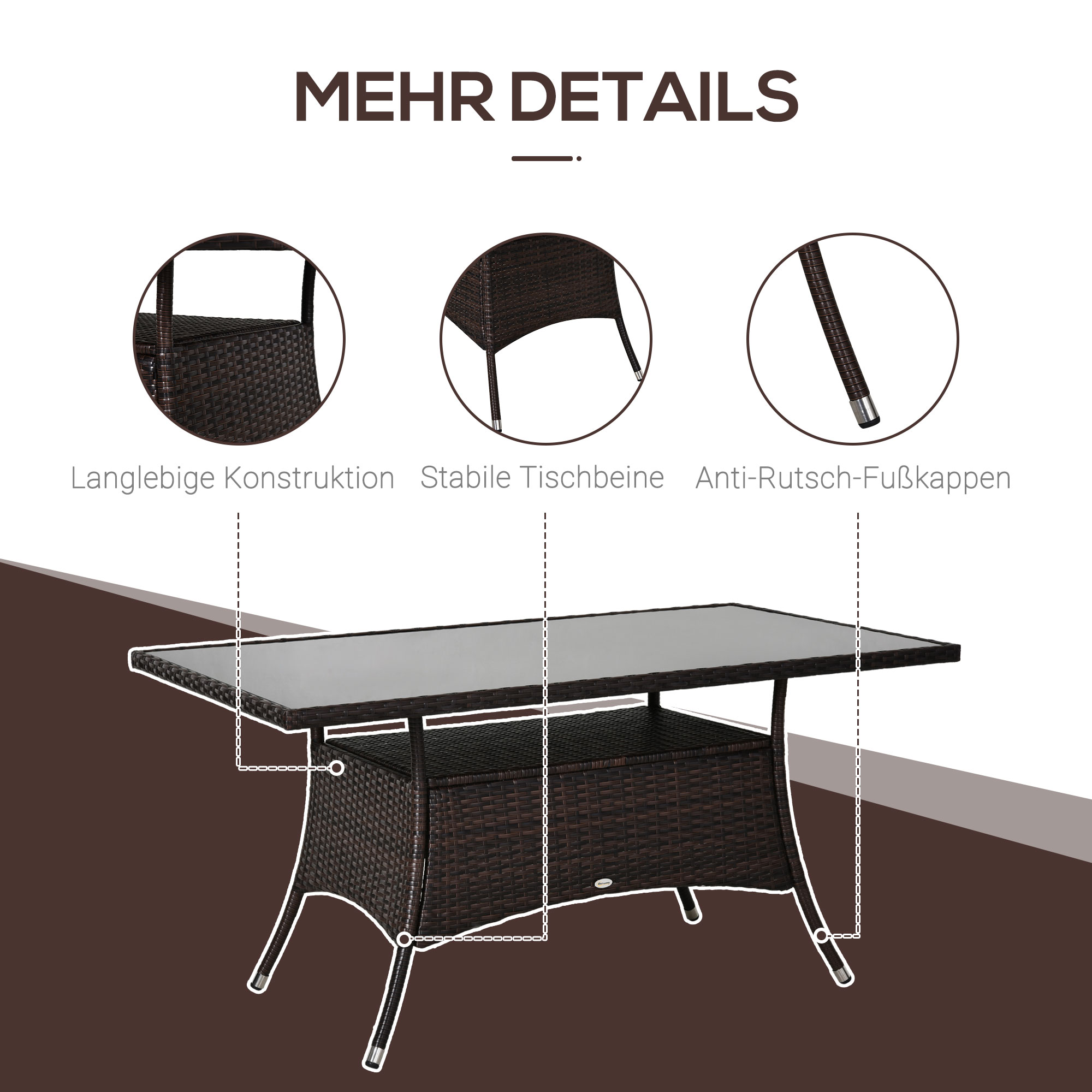 Gartentisch Glastisch Esstisch Gartenmöbel Tisch, Polyrattan+Sicherheitsglas, braun+schwarz, 150x85x74cm