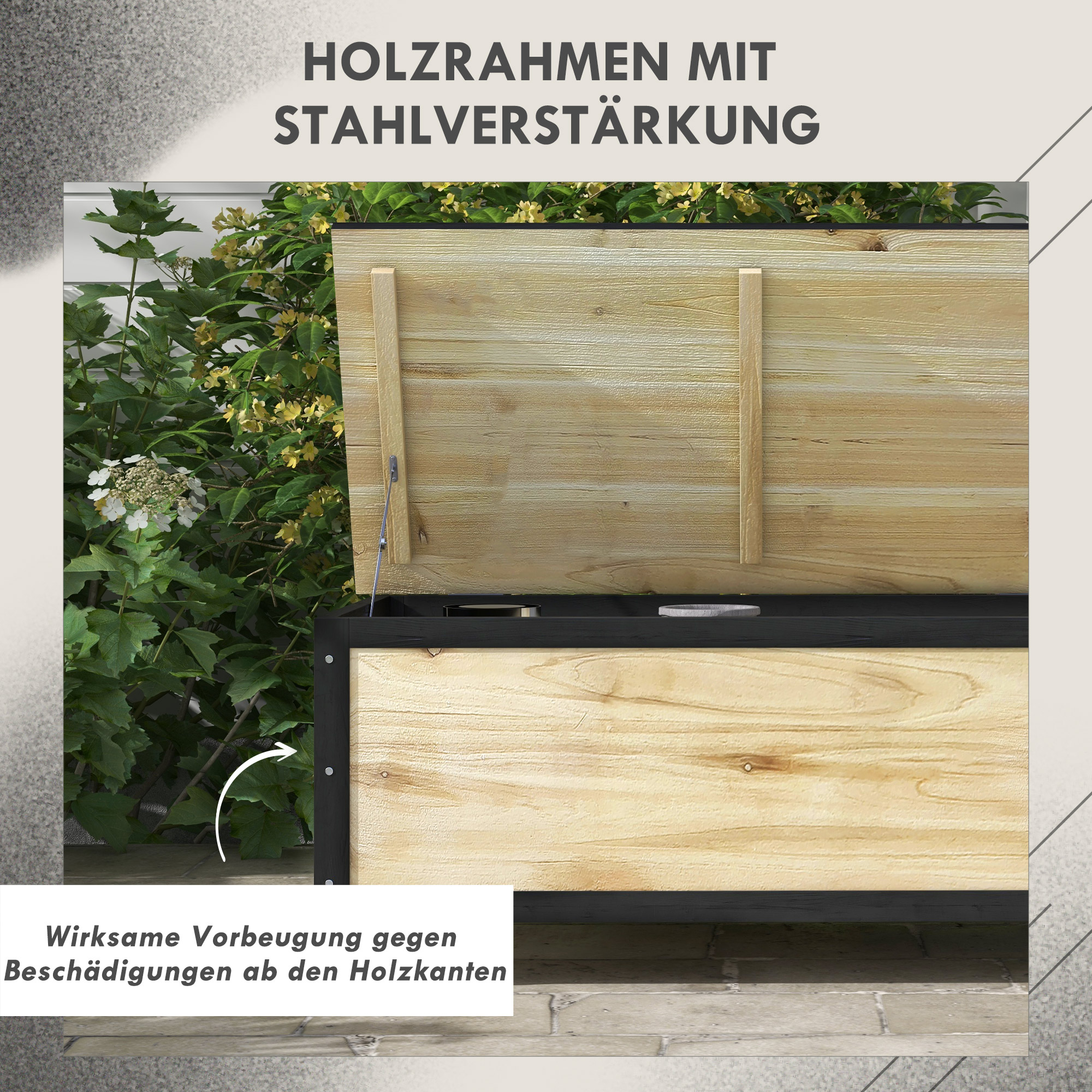 Garten-Aufbewahrungsbox, 121 Liter, 2 Räder, wetterfest, Metallscharniere, Naturholz, 100x50x43 cm