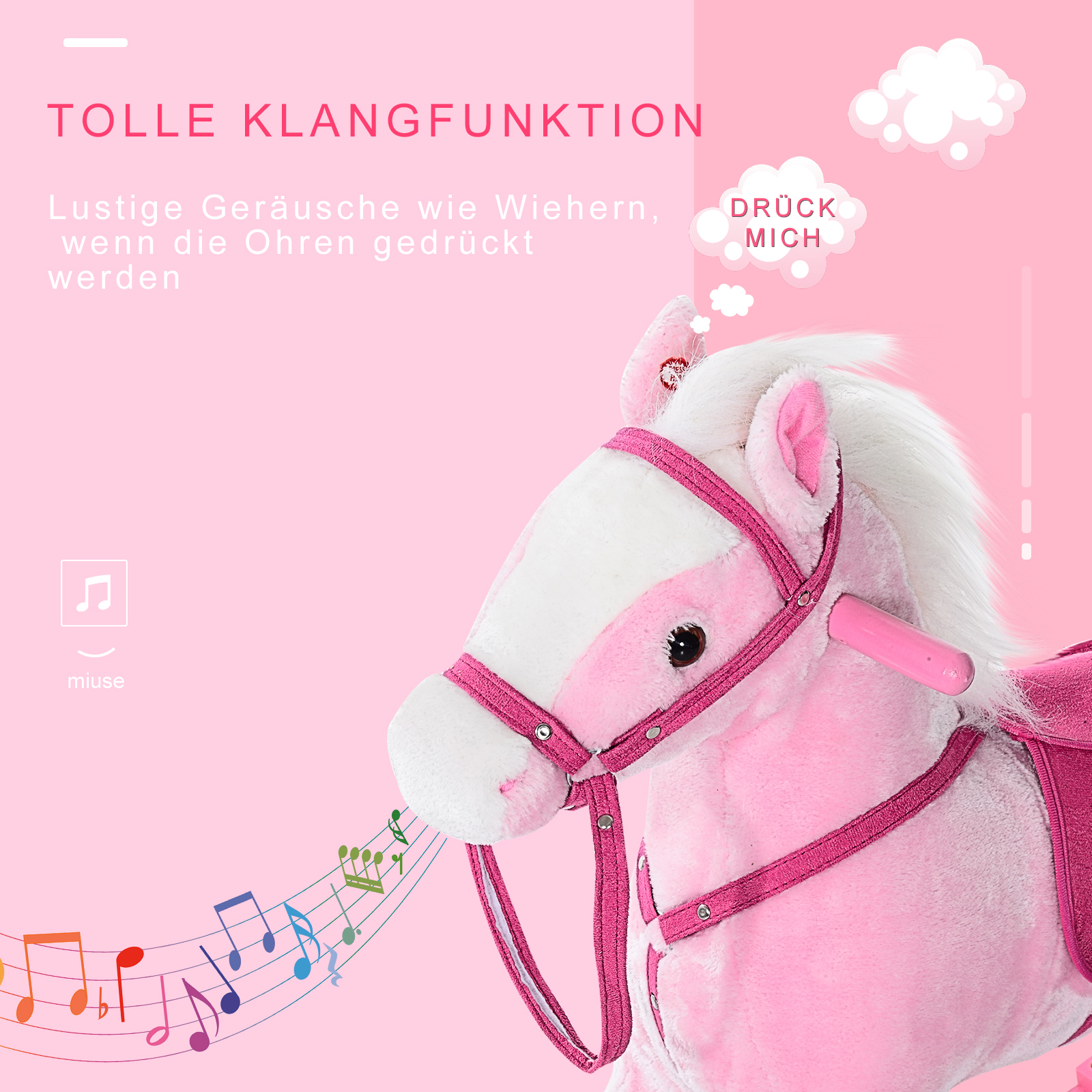 Schaukelpferd Schaukeltier mit Sound Effekt, Haltegriffen Plüsch Baby Schaukelspielzeug Schaukel für 3-6 Jahre Kinder