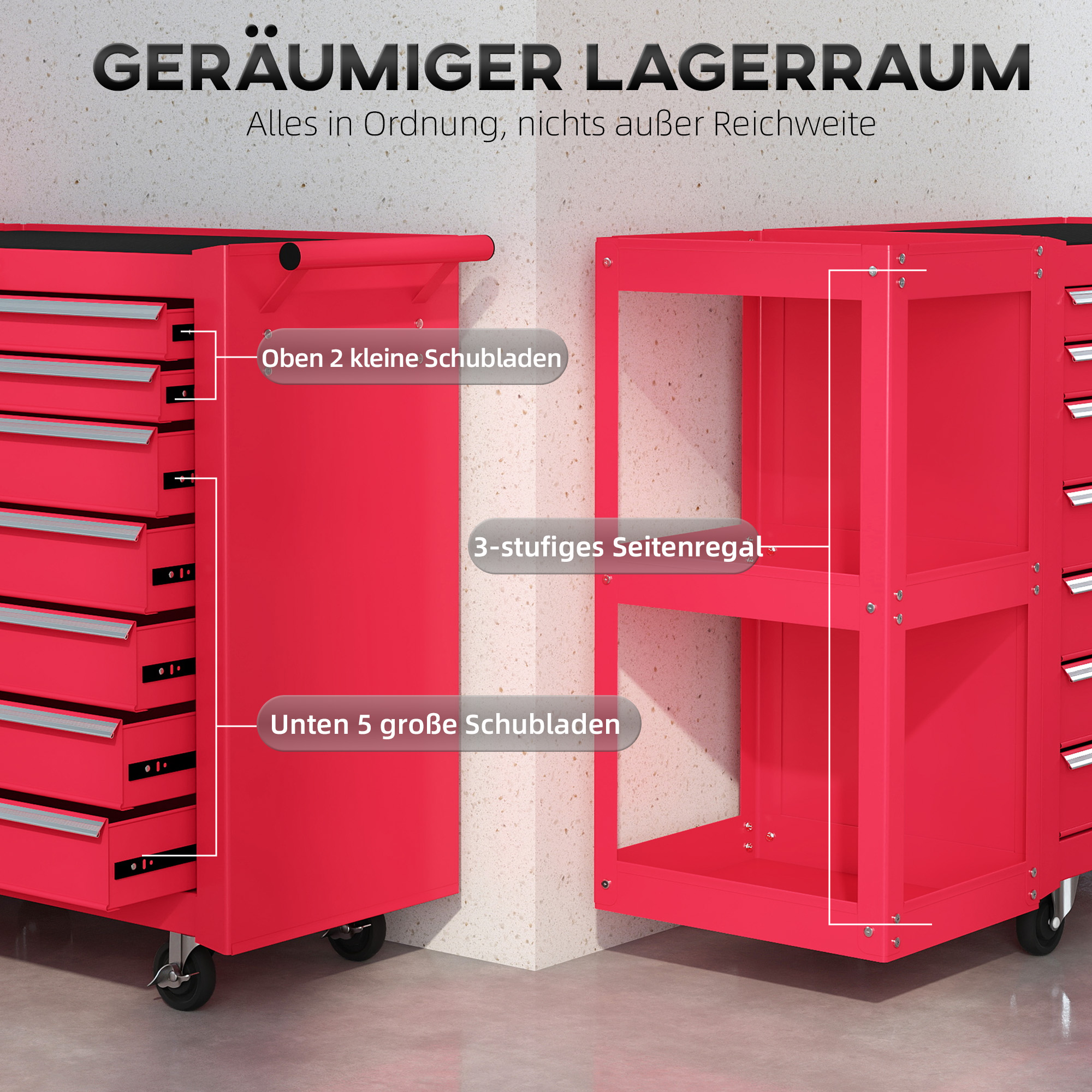 Werkstattwagen Werkzeugwagen mit 7 Schubladen abnehmbar Seitenregal 4 Rollen mit Feststellbremse, 96x33,5x75cm, Rot