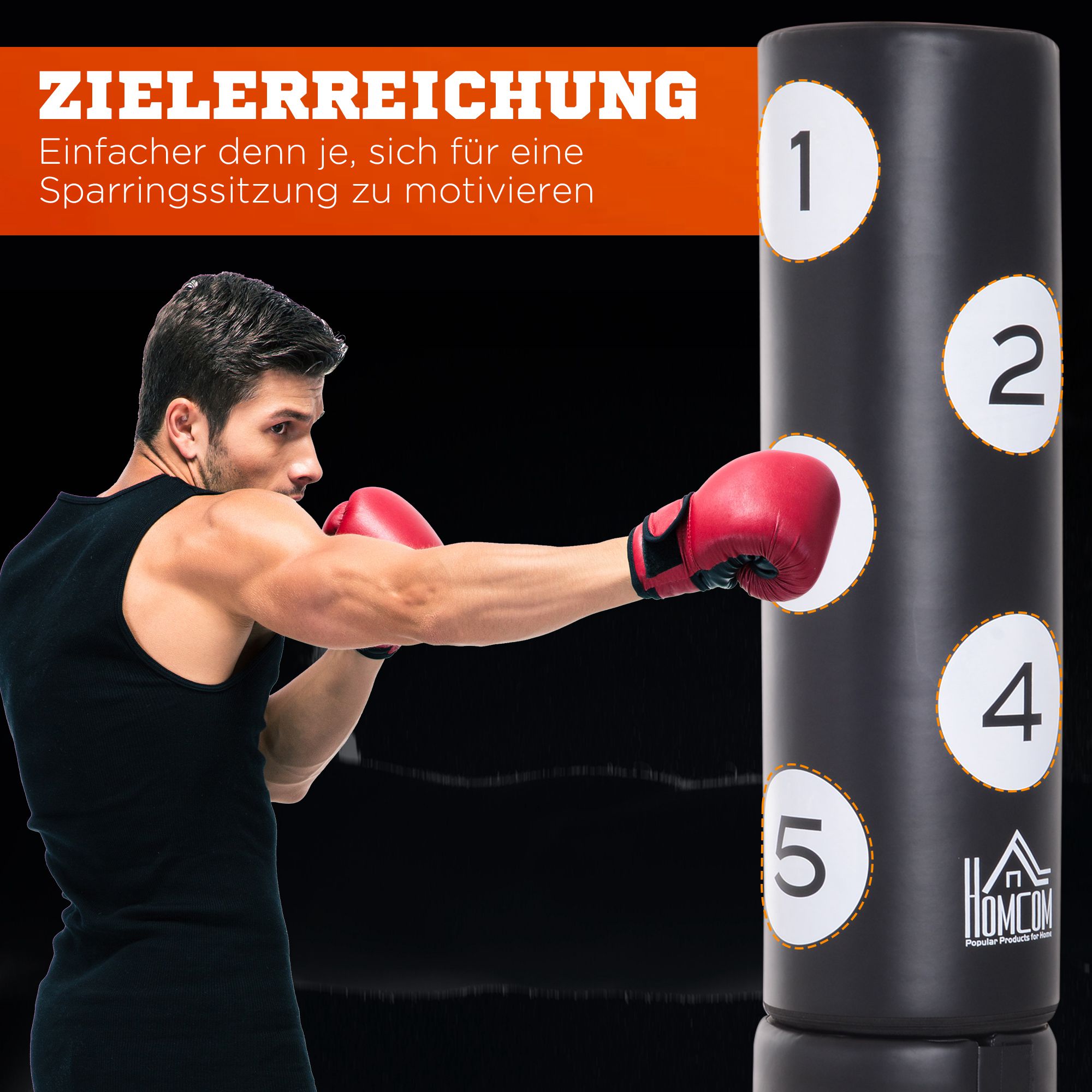 Freistehender Standboxsack mit Ständer und Kunststoff-Pad, 176 cm, Geeignet für Profis und Anfänger, Schwarz