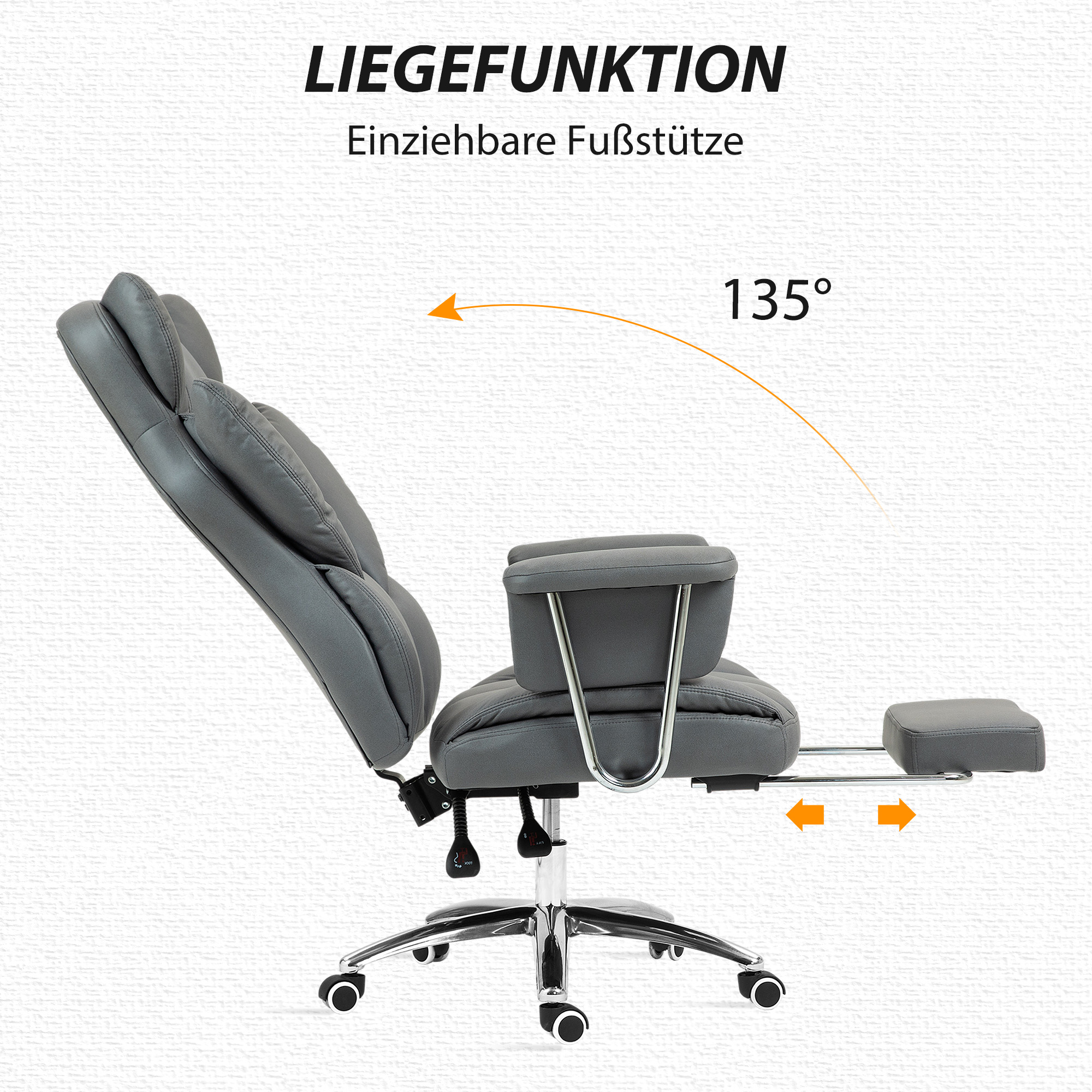 ergonomischer Bürostuhl, gepolstert, mit Fußstütze, verstellbarer Lehne, 360° drehbar, Dunkelgrau