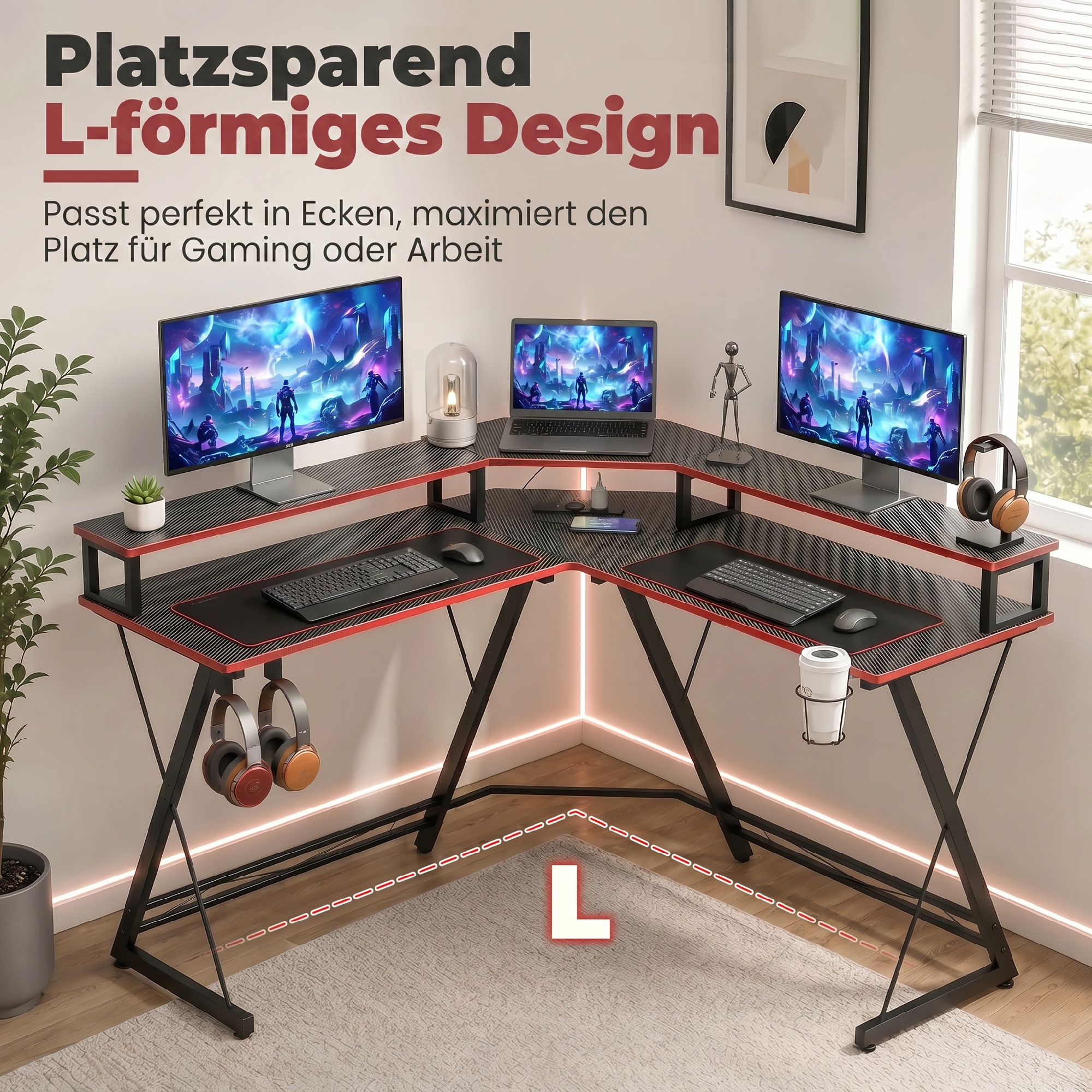 L-förmiger Computertisch mit Steckdosen, 128 cm Eckschreibtisch mit Monitorständer, Kopfhörerhaken & Getränkehalter