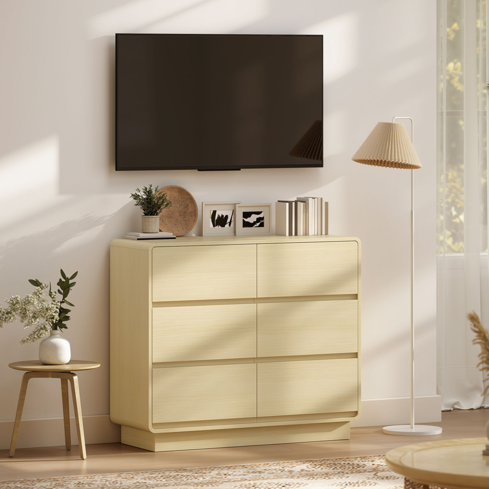 100 cm Sideboard, Buffetschrank mit 6 Schubladen, Kommode für Küche, Wohnzimmer, Esszimmer, Naturholz