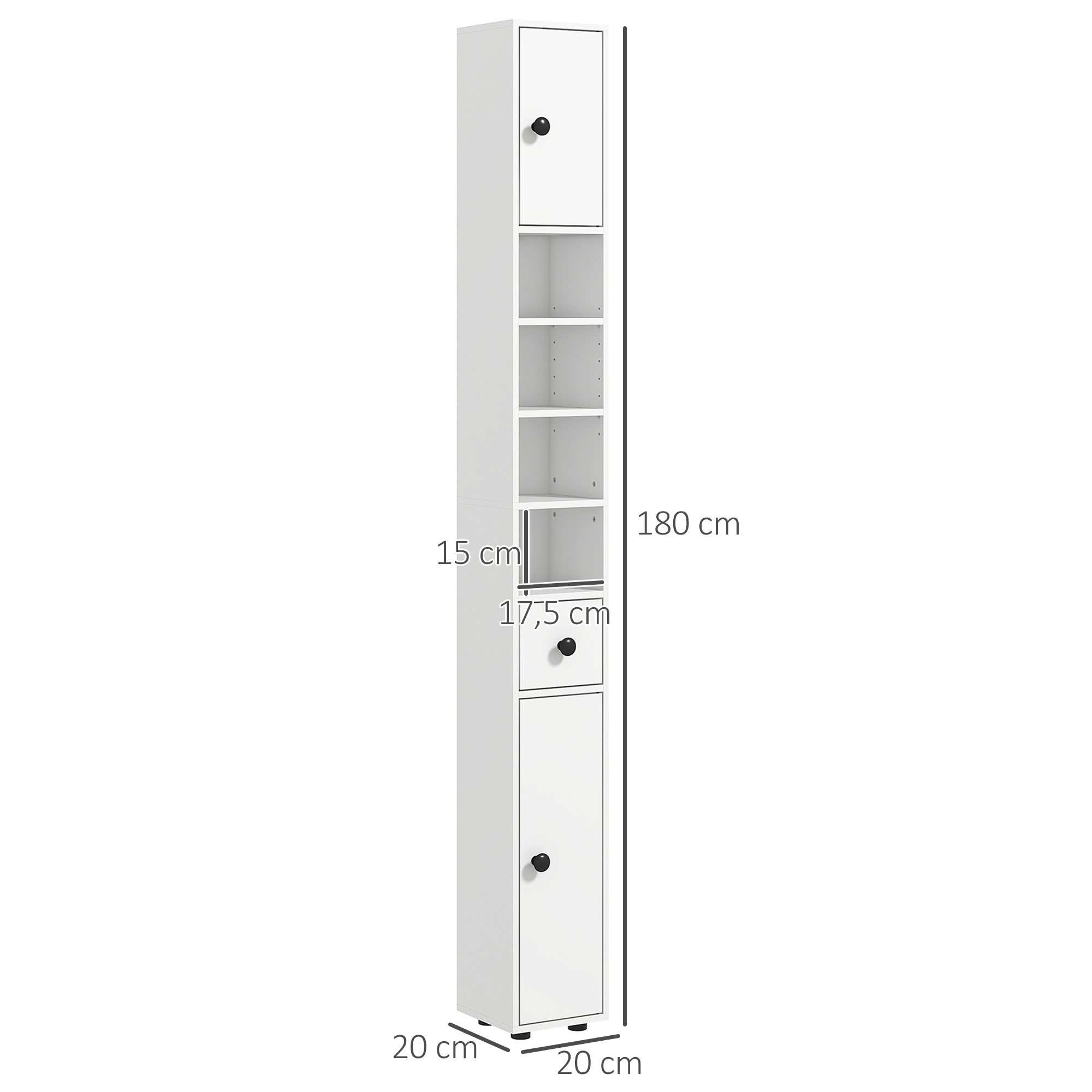 Badezimmerschrank, 4 Regale, Schublade, Spanplatte, schlankes Design, Weiß