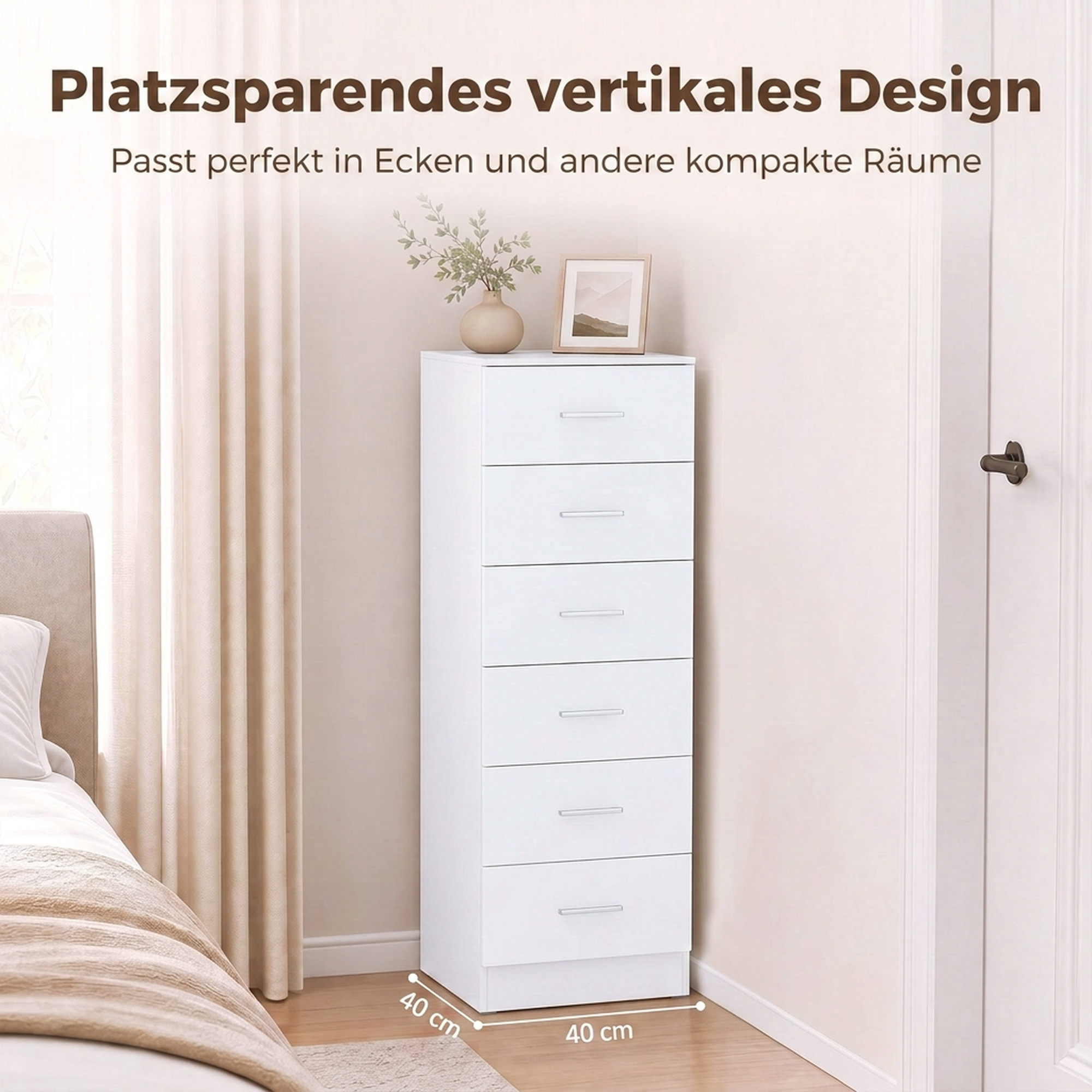 Kommode mit 6 Schubladen, moderne Schlafzimmerkommode, Aufbewahrungsschrank, 40 x 40 x 110 cm, Weiß in Holzoptik