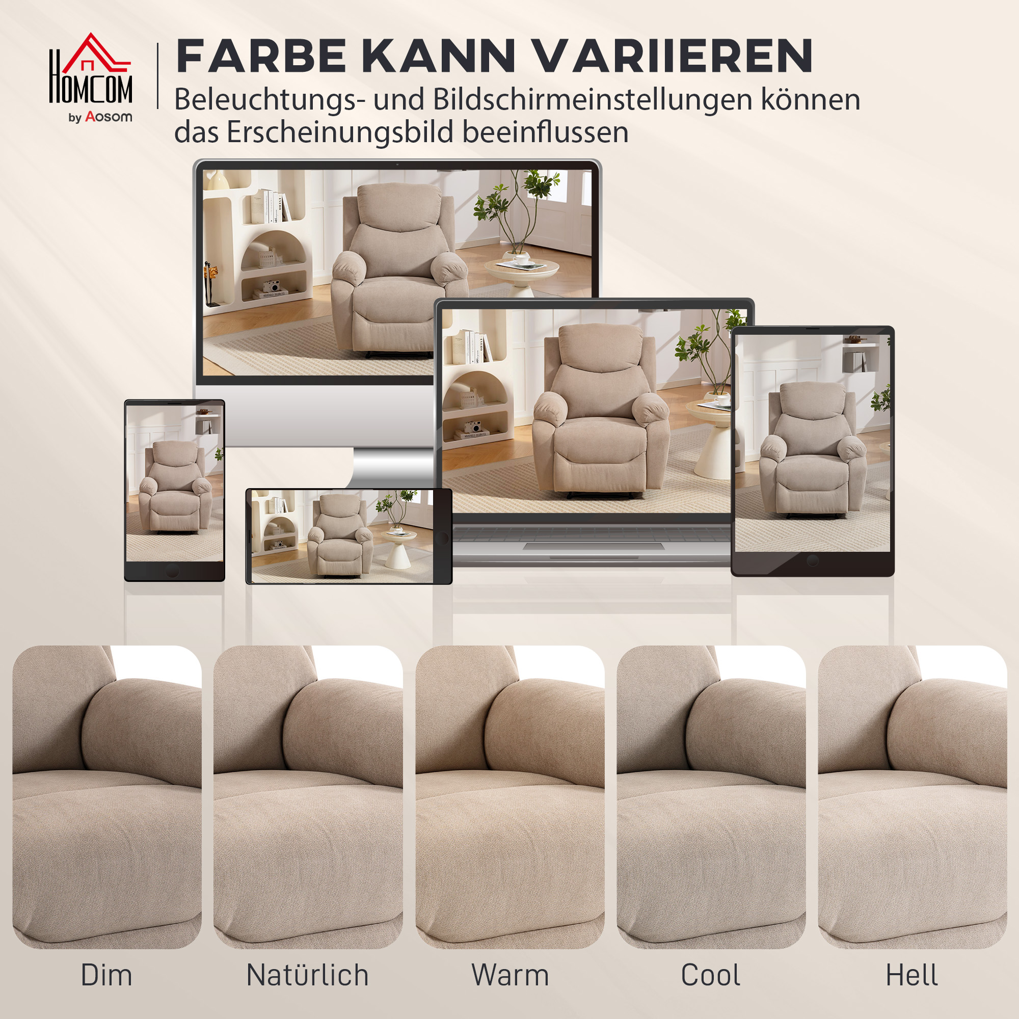 manueller Relaxsessel, moderner Sessel im Leinenstoff-Look mit dicker Polsterung, Gepolsterte Armlehnen und Fußstütze, Beige