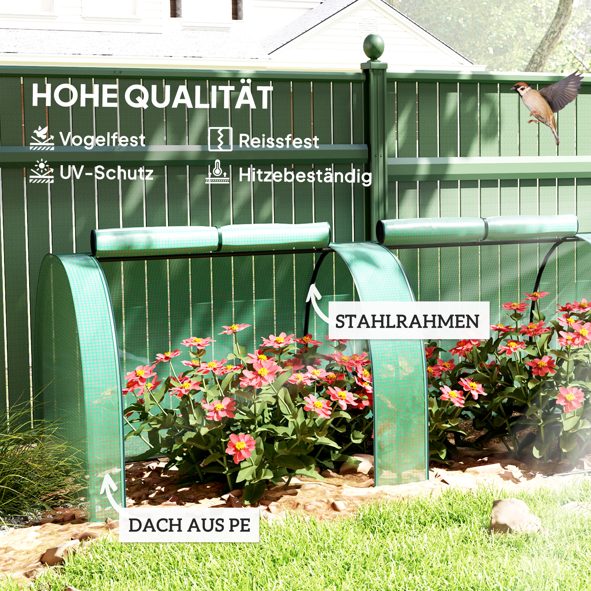 Tunnelgewächshaus, 4 Fenster mit Reißverschluss, Stahlrahmen, robuste Plane, 395 x 100 x 80 cm, Grün