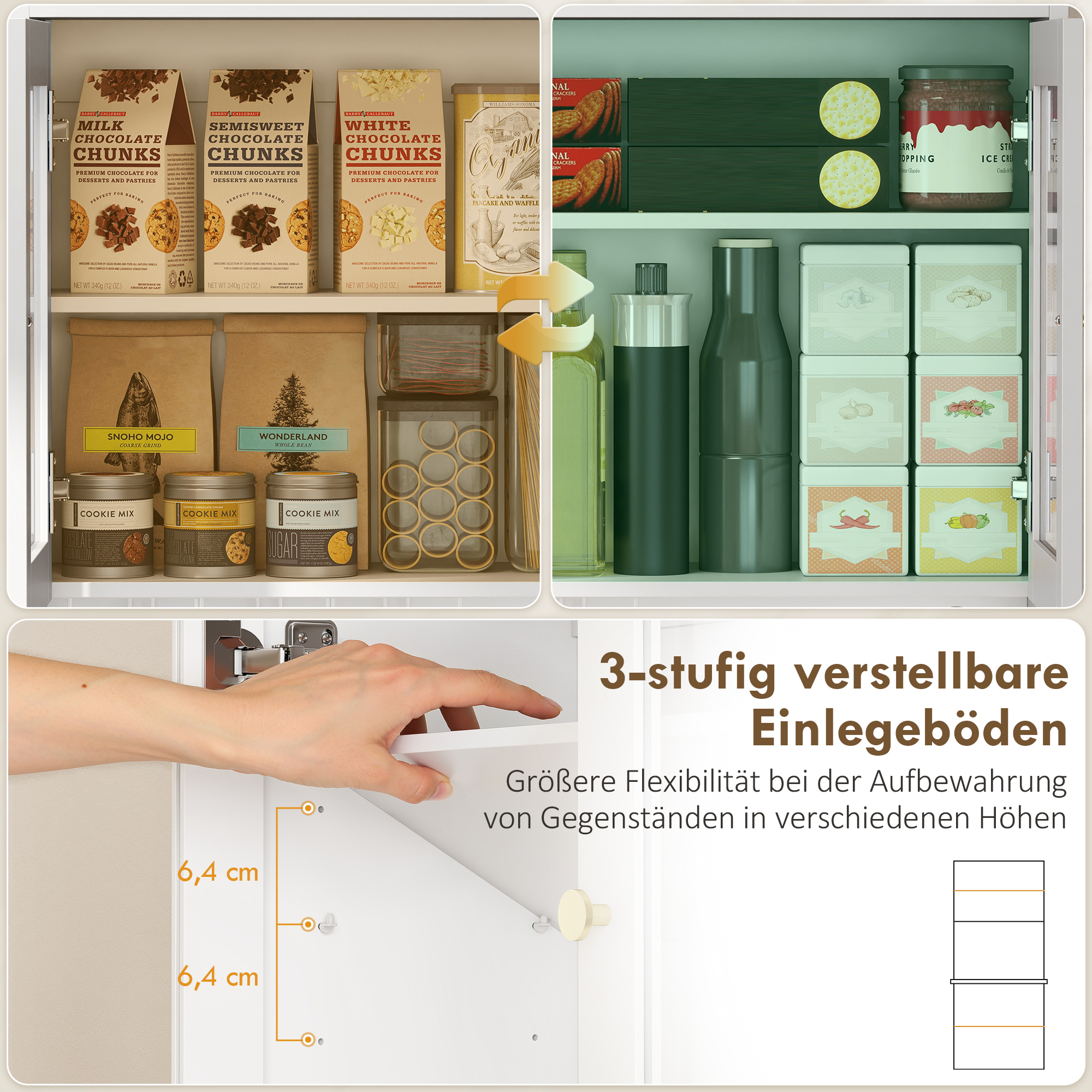 Küchenschrank mit Arbeitsfläche, Weinglashalter, Vorratsschrank für Küche, Esszimmer, 170 cm, MDF, Glas, Weiß