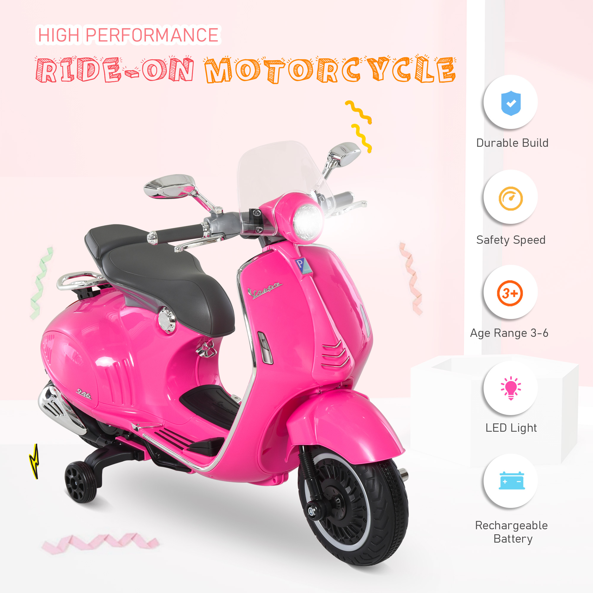 Elektro-Motorrad für Kinder mit MP3-Musik, Scheinwerfern, 3-6 Jahre, Kunstleder, Metall, 108 x 49 x 75 cm, Rosa
