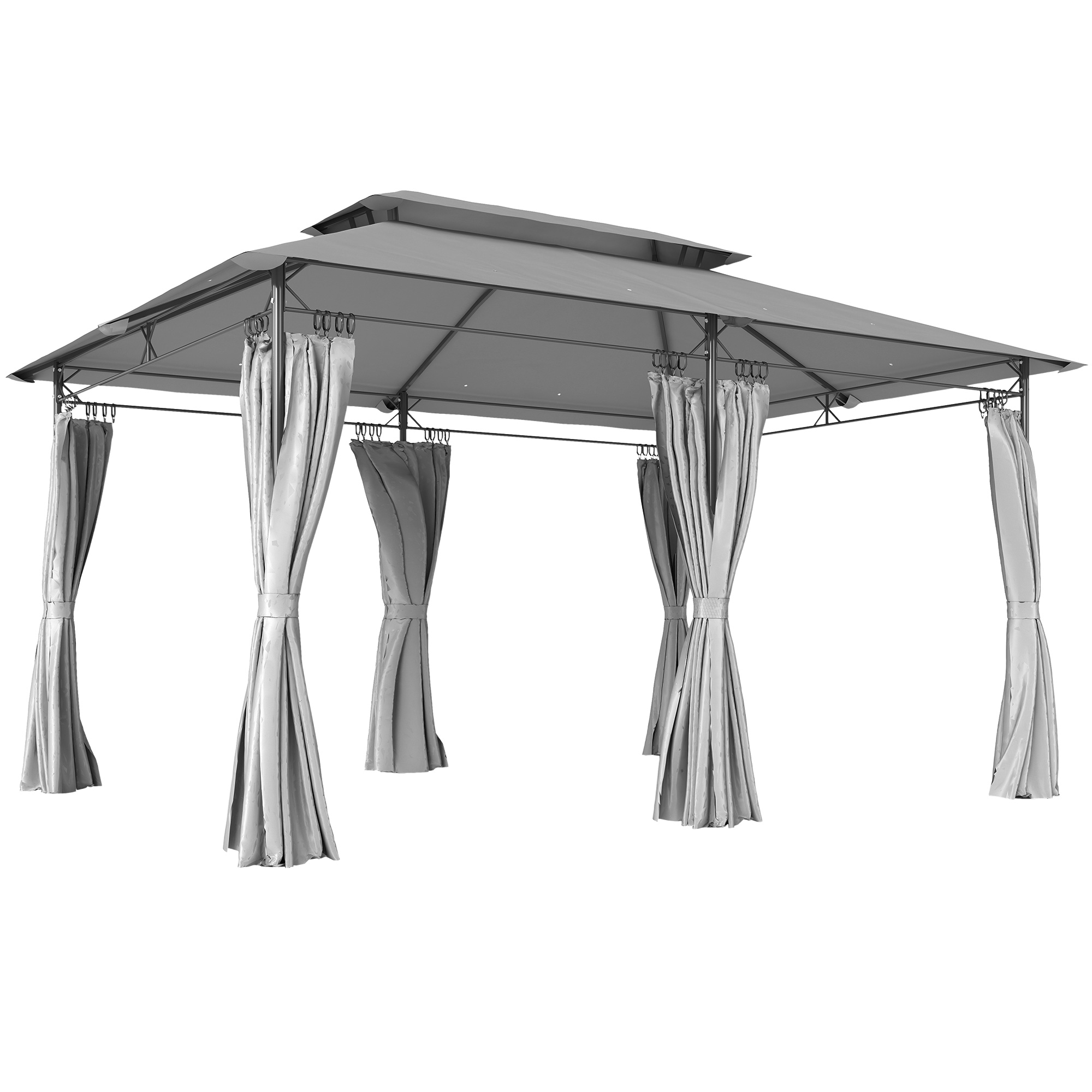 Gartenpavillon 3x4 m mit abnehmbaren Vorhängen, Doppeldach und Metallgestell, Dunkelgrau
