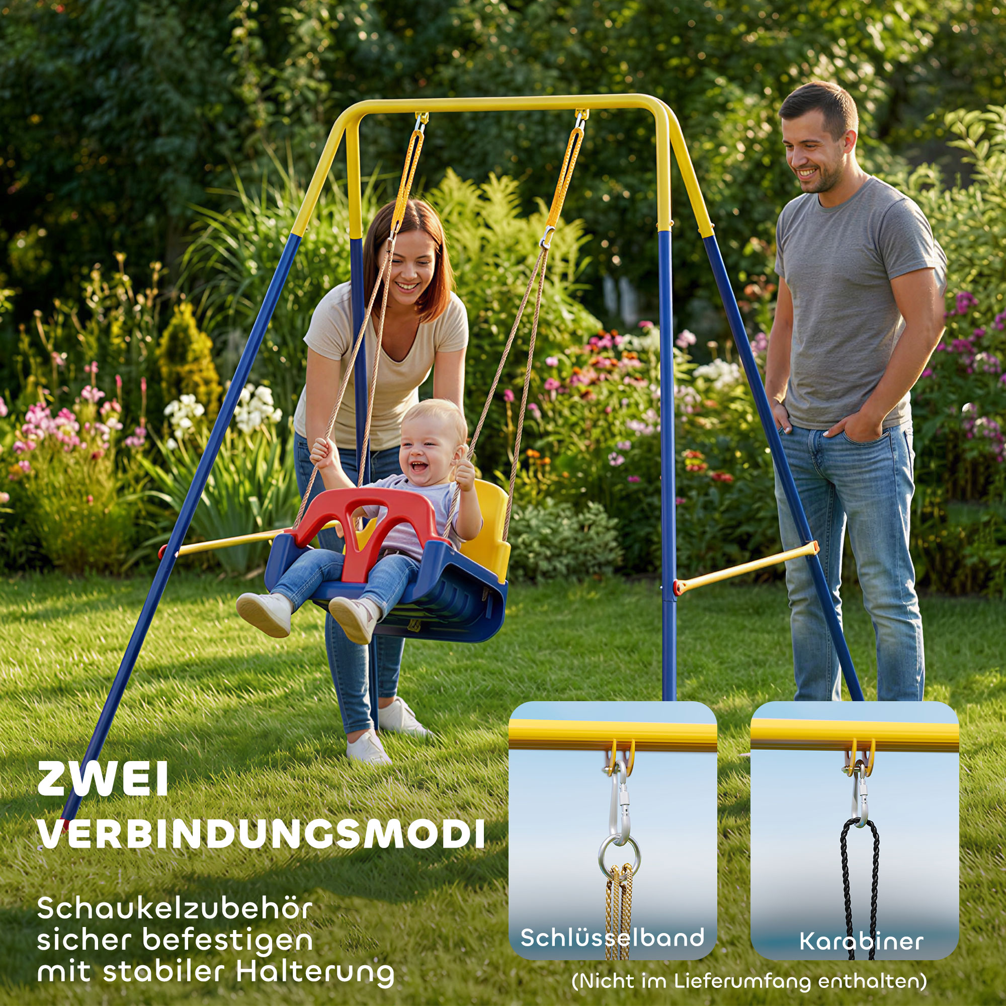 Faltbar Schaukelgestell mit A-Rahmen, 2 Haken, 4 Bodenankern, für 9 Monate bis 8 Jahre Kinder 128x155x157 cm Blau