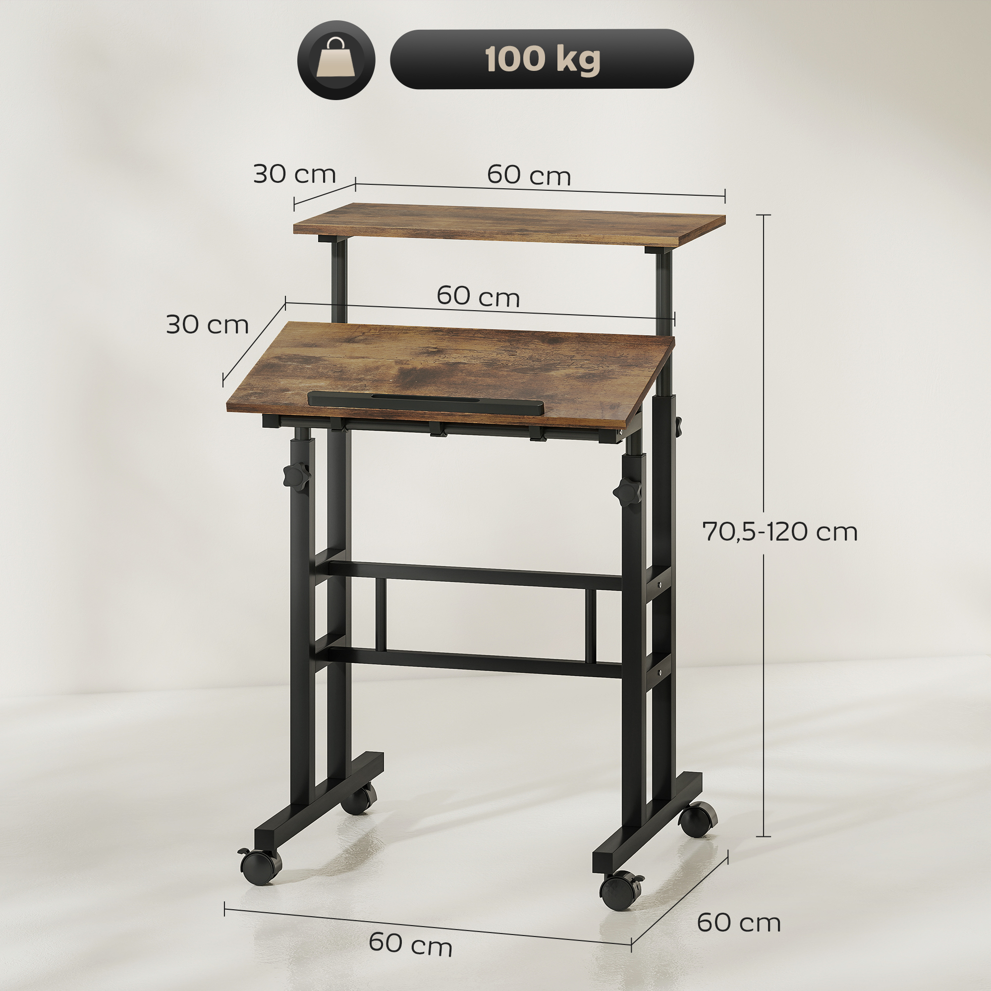 Schreibtisch höhenverstellbar Küchentisch mit Regal, Rollen, Computertisch Rustikal Braun 60 x 60 x 70,5-120 cm