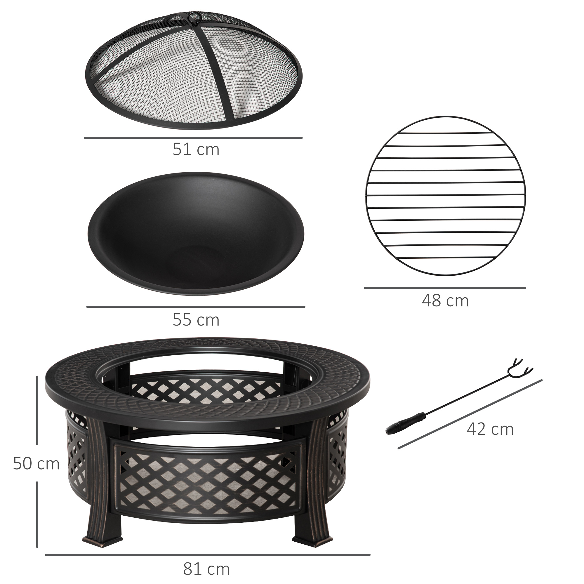 Feuerschale mit Schürhaken Funkenschutz Feuerkorb Feuertisch rund Feuerstelle für Garten Camping BBQ Stahl Schwarz 81 x 81 x 50 cm