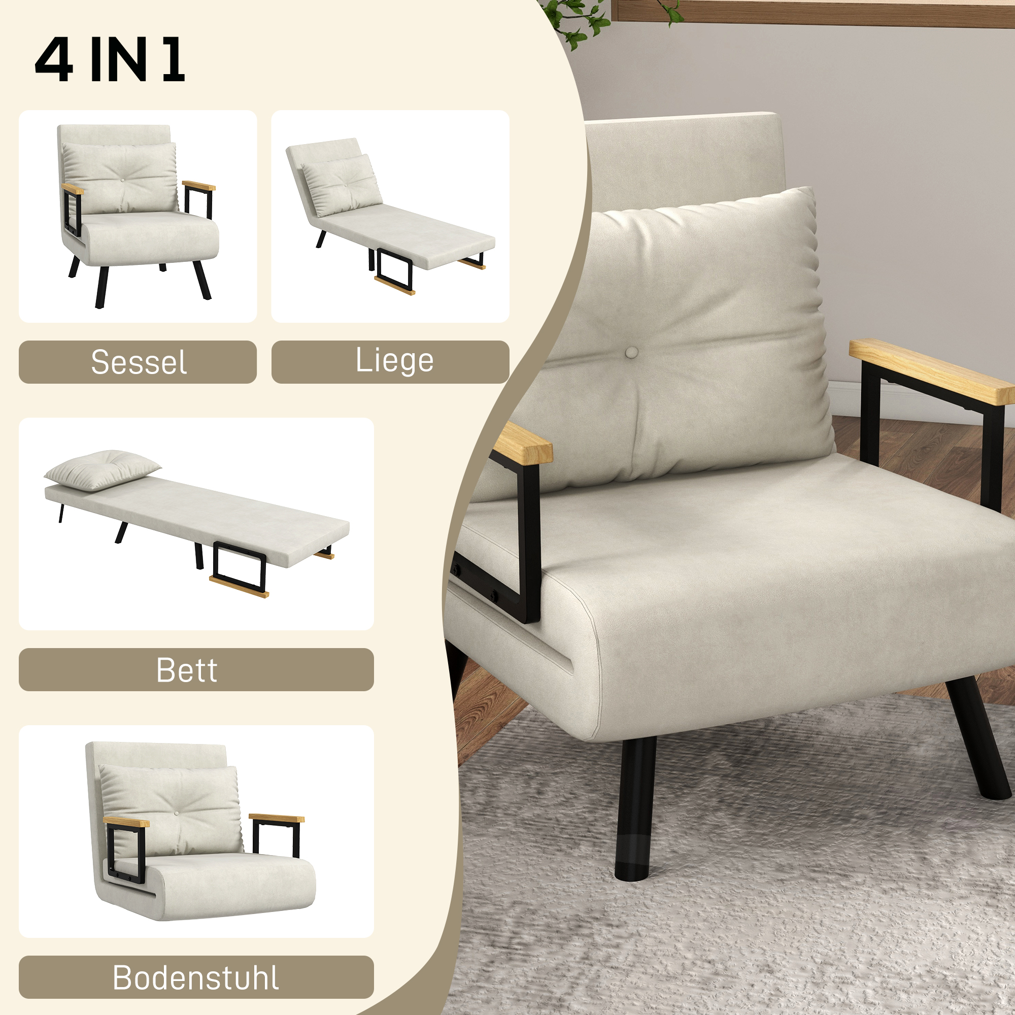 Relaxsessel im Skandidesign, Liegesessel, Lesesessel. ink. Kissen mit Knopfhefung, Cremeweiß