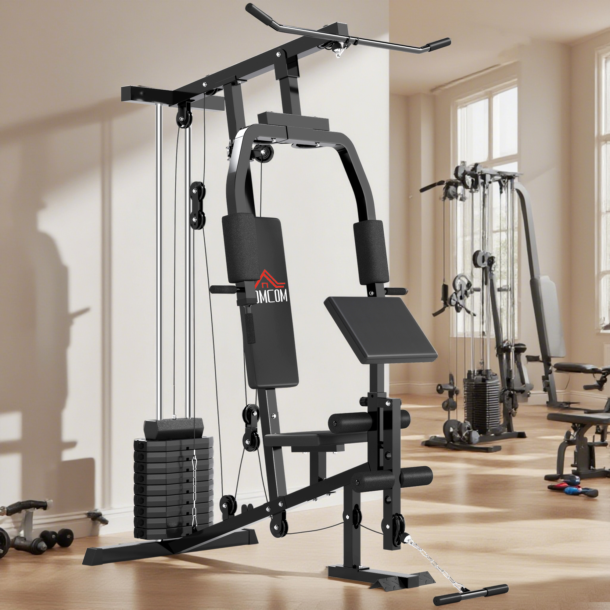 Kraftstation für Zuhause Fitnessstation mit Latzuggerät, Kabelzug, kurzer Bizepsstange, Brustpresse, Beintrainer, Butterfly-Maschine 45kg Gewichten Multifunktion Fitnessstation Schwarz