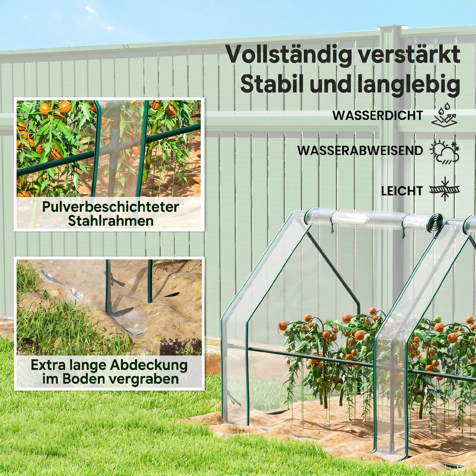 Gewächshaus mit Reißverschlussfenster, winterfest Foliengewächshaus aus Stahl 360 x 90 x 90 cm Transparent