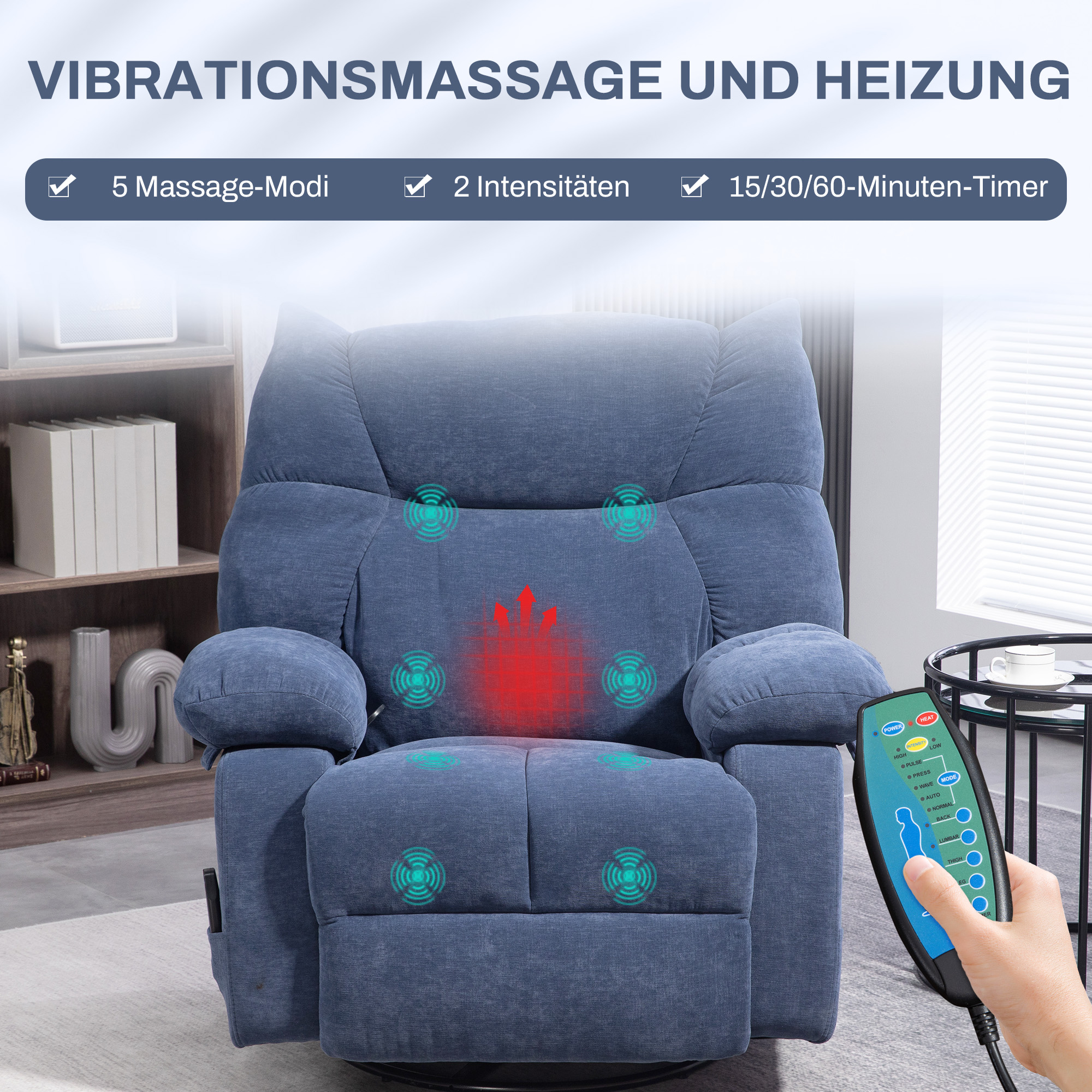 Massagesessel mit Wärme- & Liegefunktion, drehbar, bis 150 kg, Metallgestell, 98x90x98cm, Blau