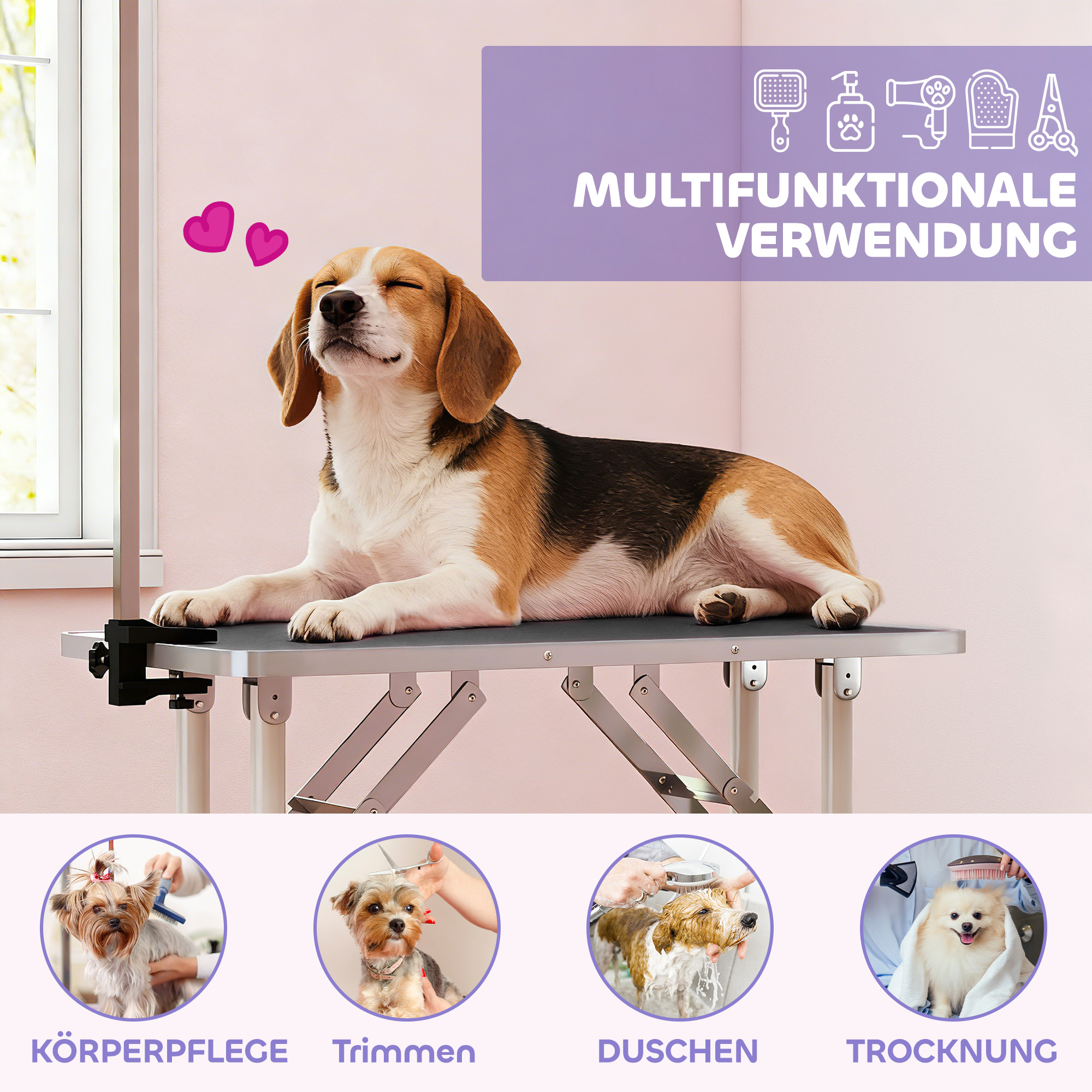 Trimmtisch für Hunde Hundepflegetisch mit Schlinge klappbar Stahlbeine rutschfest Tischplatte 81x48,5x80 cm Schwarz