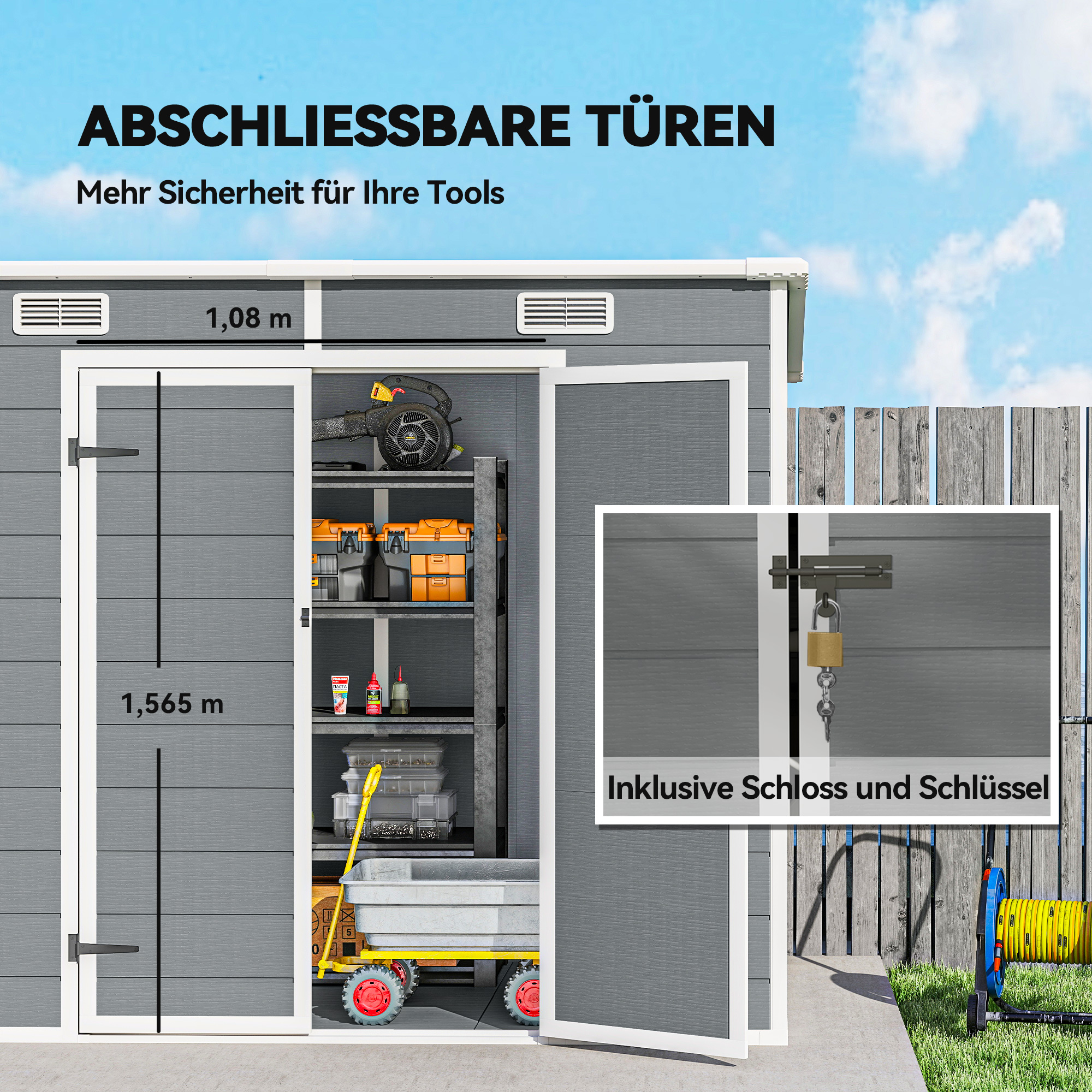 2,4 x 1,3 m Gartenschuppen, Kunststoff-Gartenhaus mit Boden, Fenster, verschließbare Türen, für Garten, Terrasse, Grau