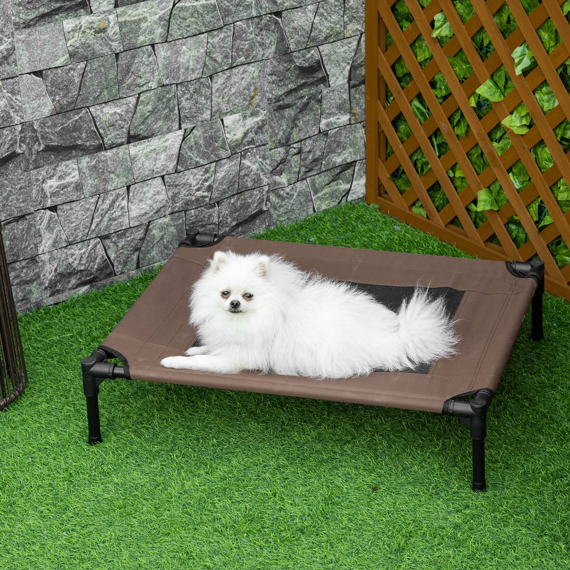 Hundeliege Outdoor, erhöhtes Hundebett für Mittelgroße Groß Hunde, stabile Haustierliege mit Waschbares Mesh, Katzenbett Haustierbett Schlafplatz für Draußen Camping, 76 x 61 x 18 cm, Braun