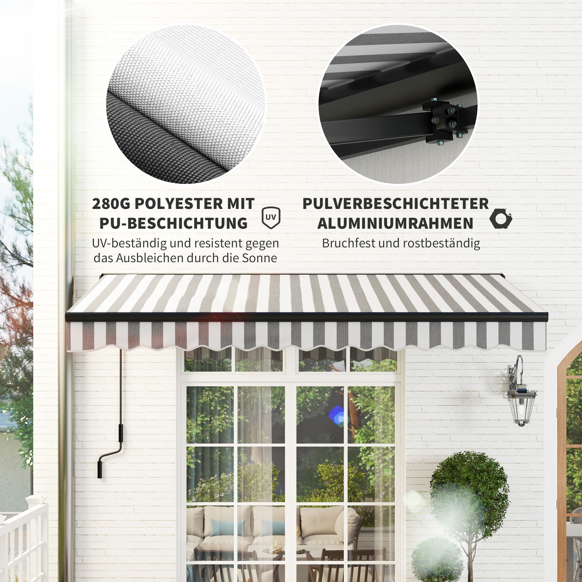 Sonnenmarkise Markise Terrassenmarkise, wetterbeständig, 1 Handkurbel, 395 x 250 x 150 cm, Grau + Weiß