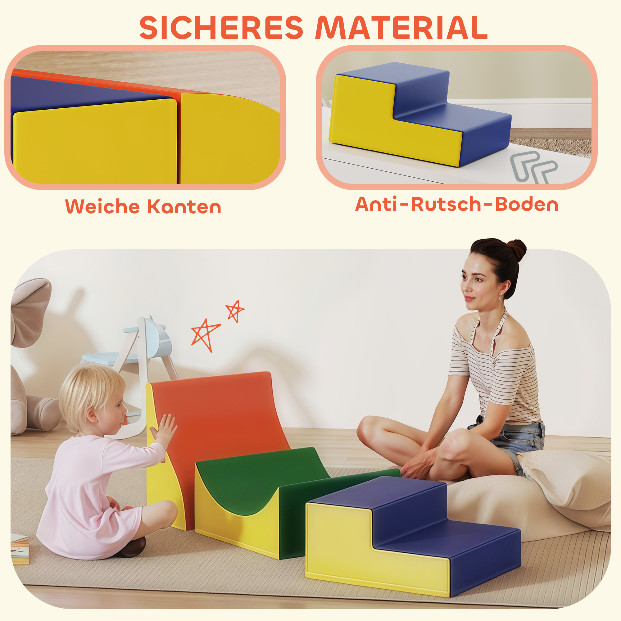 3-teiliges Kletter- und Krabbelset für Kleinkinder, Kunstleder, Schaumstoff, Gelb
