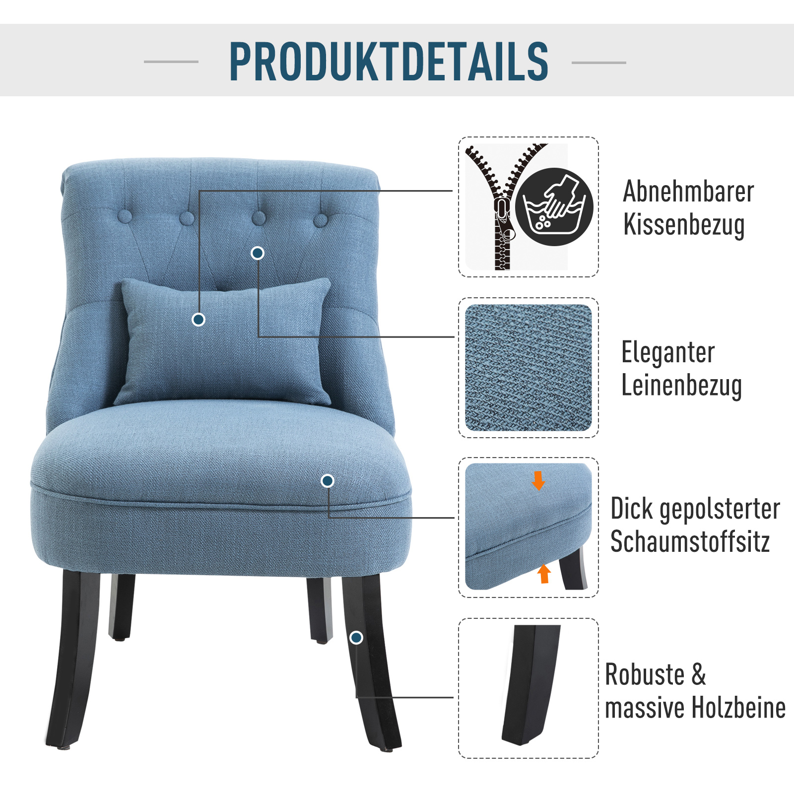 Sessel Wohnzimmer Relaxsessel Loungesessel Ruhesessel mit Rückenkissen, Holzbeine, Lesesessel mit Leinenoptik, Polstersessel für Schlafzimmer, Blau