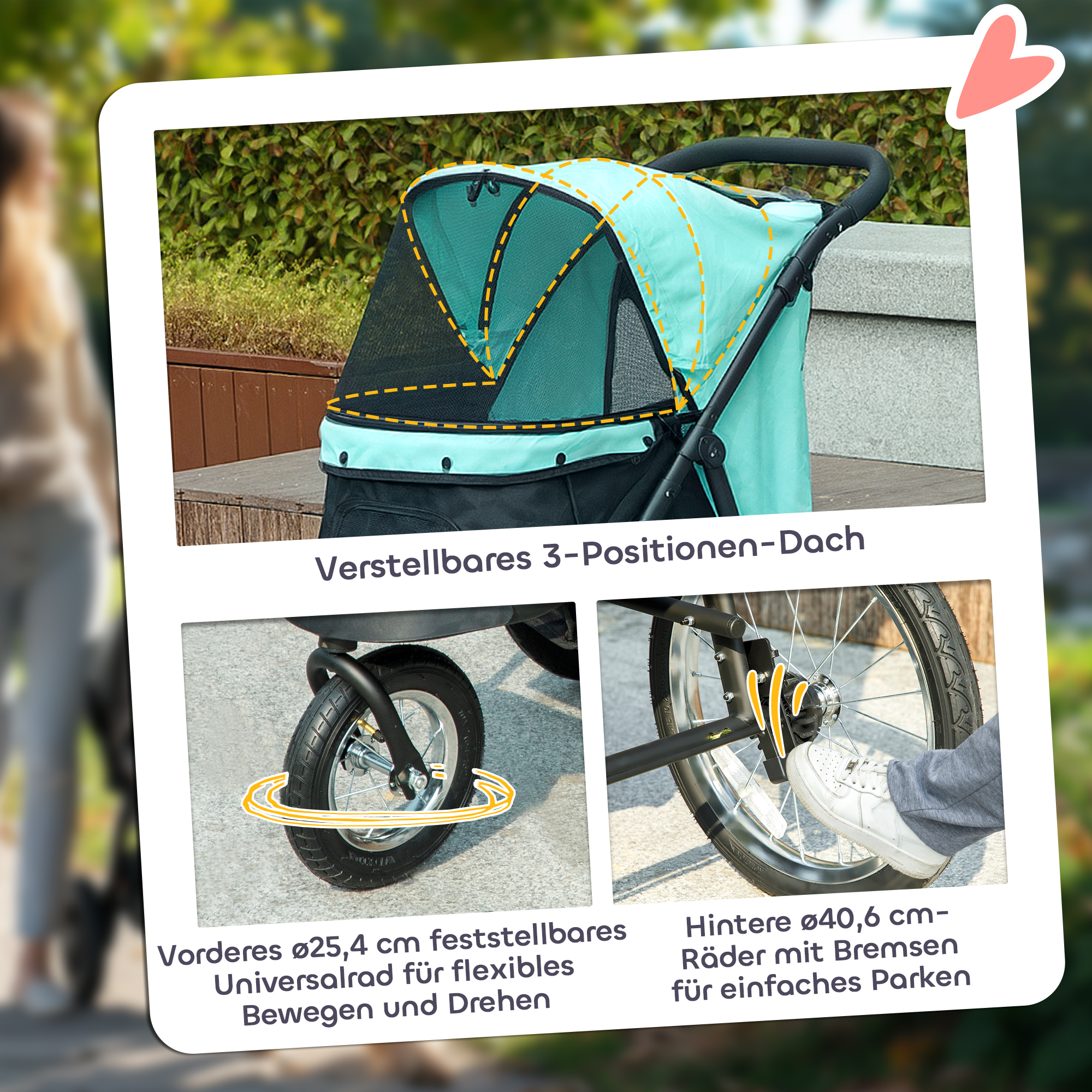 Hundebuggy, Haustierwagen für kleine Hunde und Katzen, mit Aufbewahrungskorb, Ein-Klick-Faltdesign, Türkis