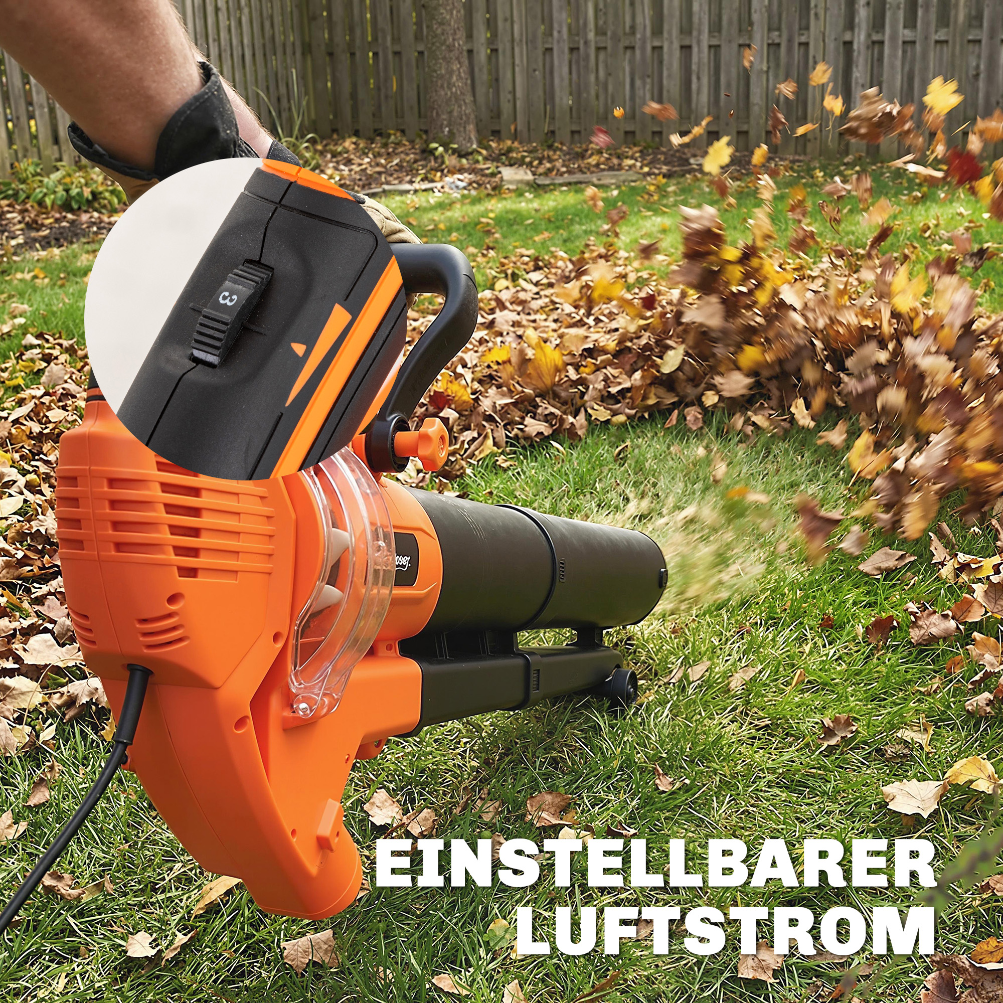 3000W 3-in-1 Elektrischer Laubbläser und Staubsauger mit 40L Auffangbeutel, 4 Rädern, verstellbarem Gurt, Orange