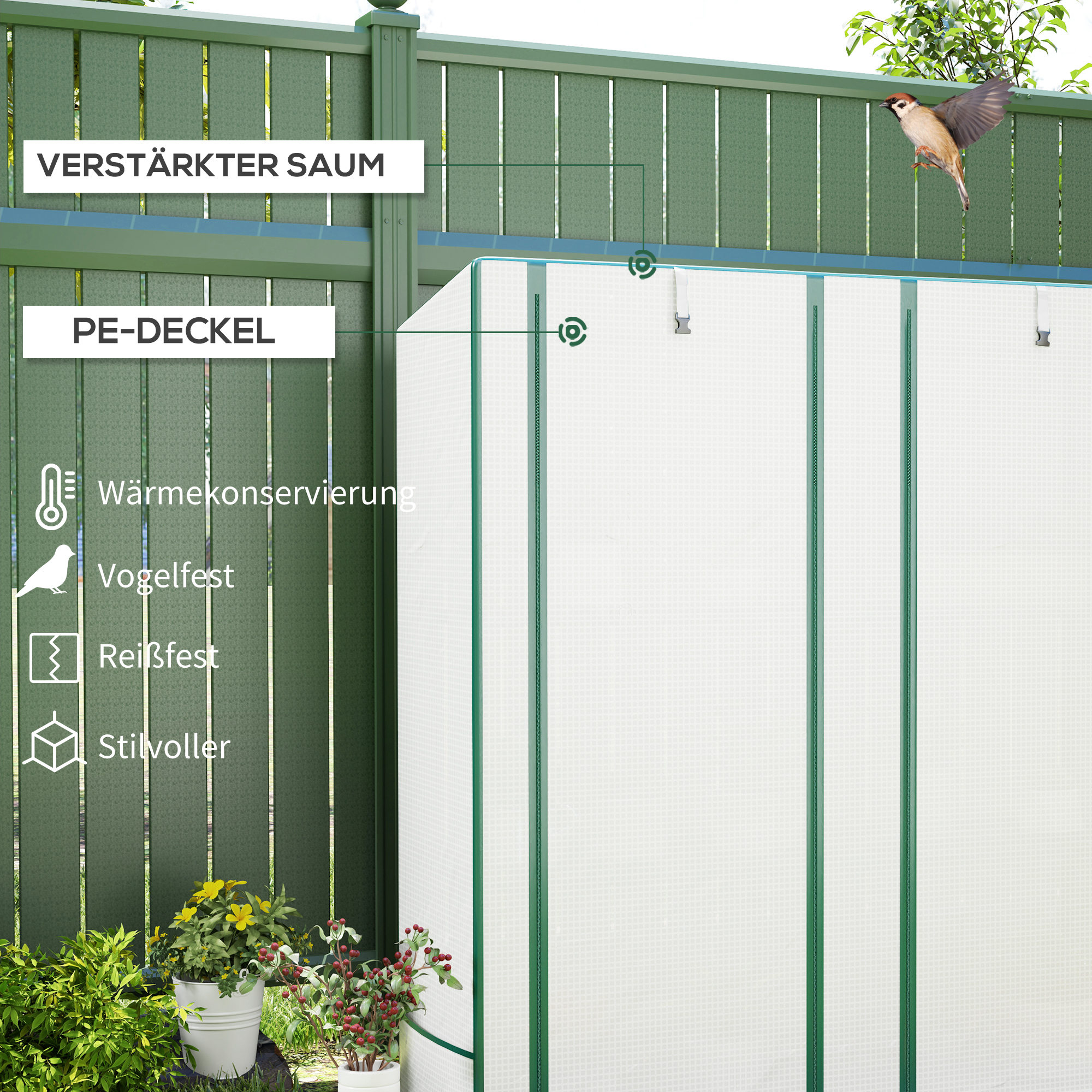 Mini-Gewächshaus mit 3-Ebenen-Regal, Kunststoff-Abdeckung, UV-beständig, tragbar, Rolltür, 144 x 48 x 152 cm, Weiß