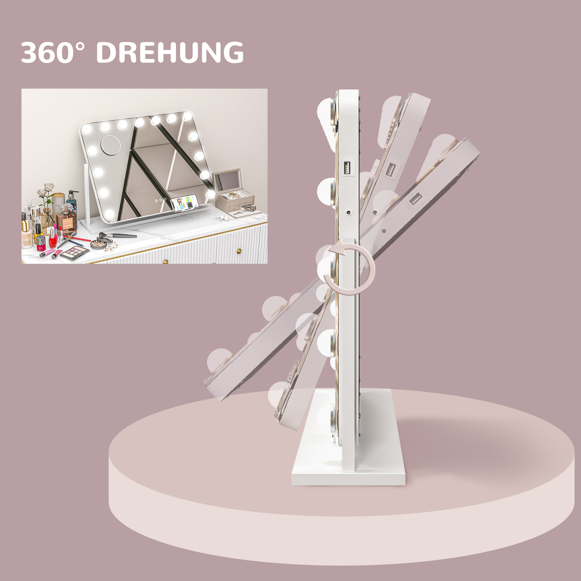 LED-Kosmetikspiegel, 3 Lichtmodi, dimmbar, Touchsteuerung, USB, 62,5 x 49,5cm, Weiß