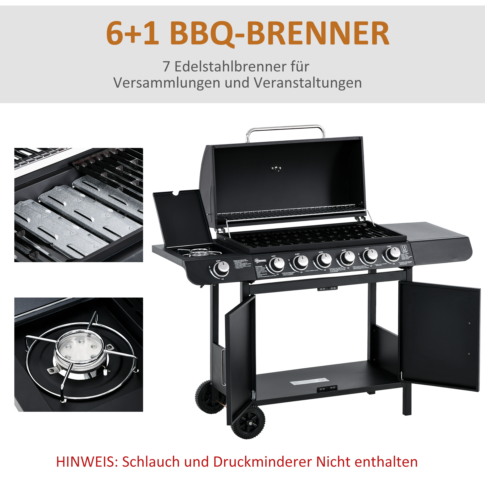 Gasgrill mit 7 Brennern, inkl, Thermometer,  BBQ -Grill, mobiler Grill, Schwarz
