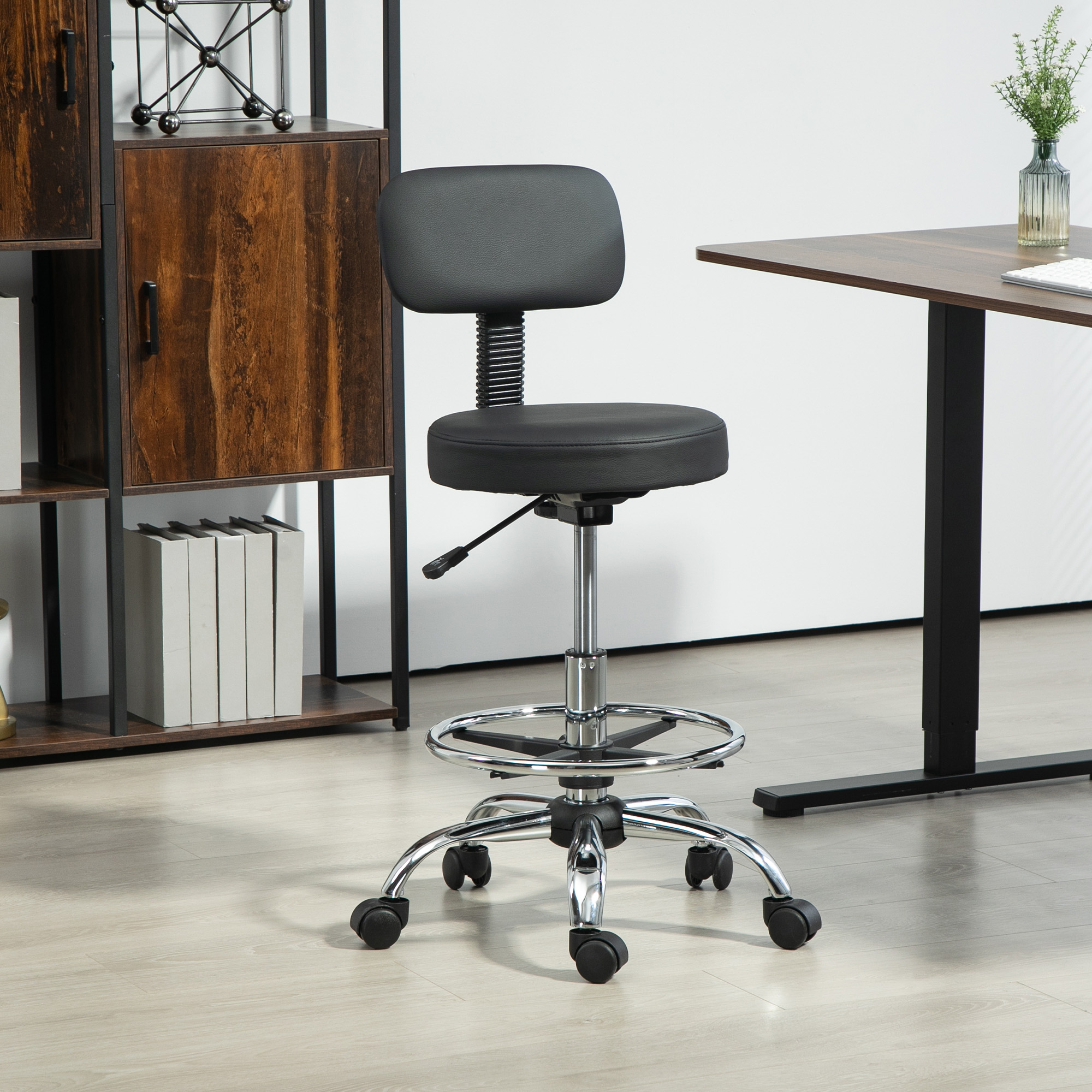 Bürostuhl, Kompakter Drehstuhl, höhenverstellbar, mit Fußstütze, 360° drehbar, Kunstleder, Metall, Schwarz