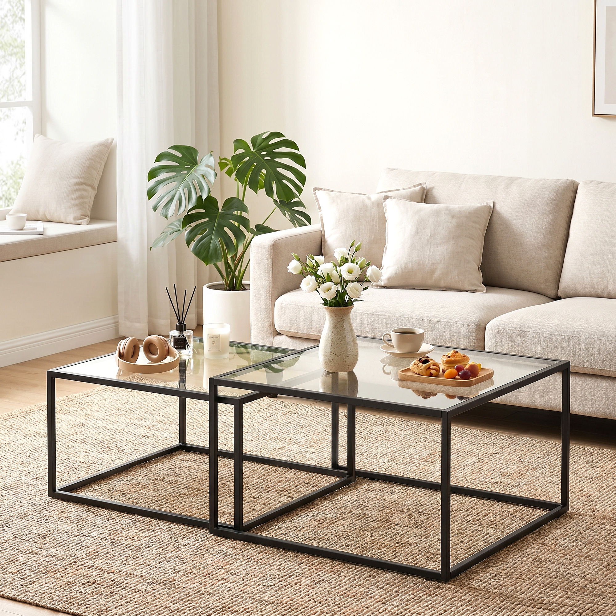 Couchtische 2er-Set Runder Satztisch mit gehärteter Glasplatte und Metallrahmen, für Wohnzimmer Schwarz