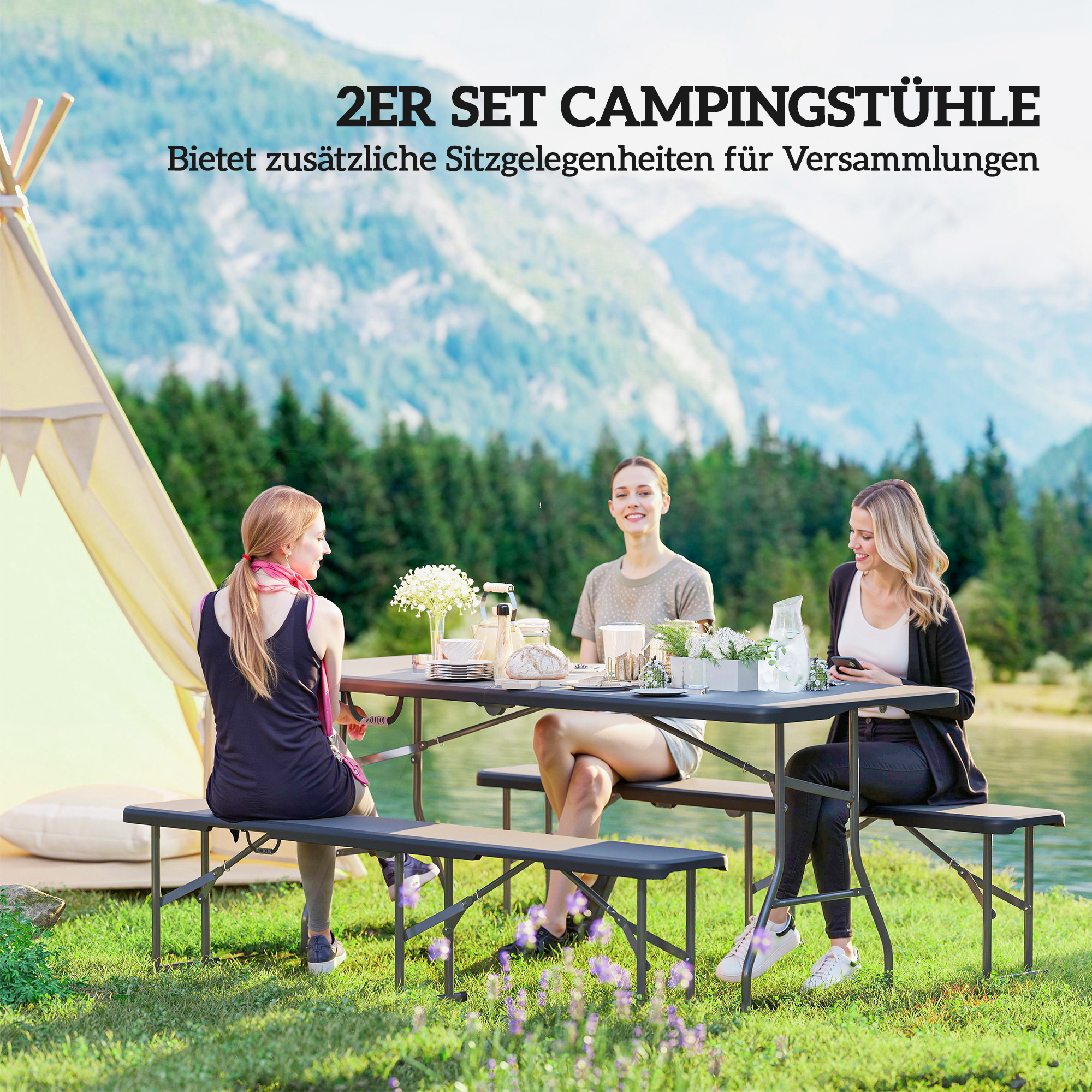 Campingbank, Kunststoff-Outdoor-Bank, 240 kg Belastbarkeit, Schwarz