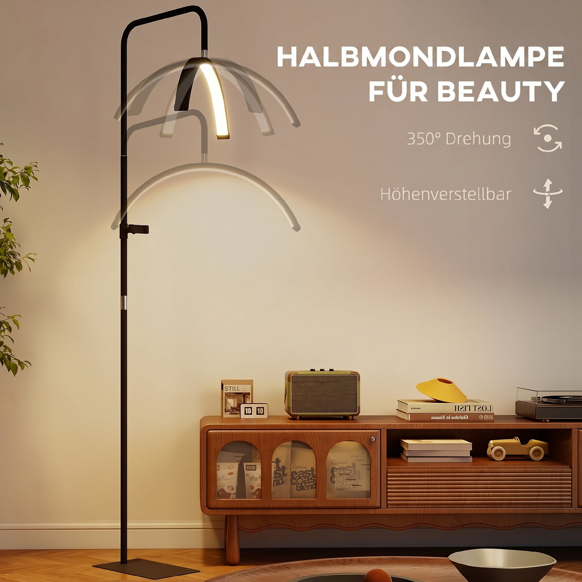 LED Halbmond Wimpern Lampe mit Telefonhalter 350° Drehbar Beauty-Ringlicht Warme Lampe mit Einstellbar Höhe