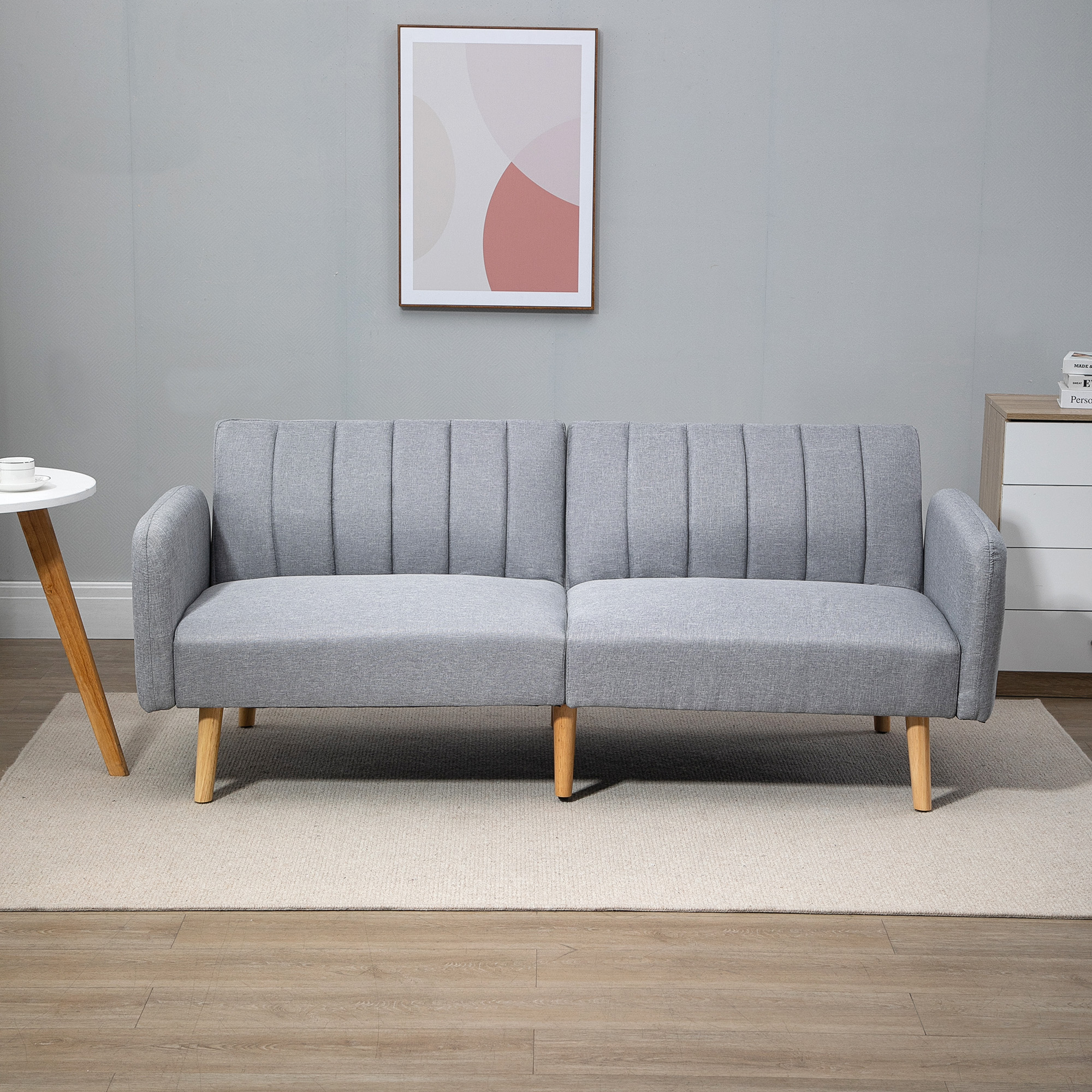 Schlafsofa, 2-Sitzer Stoffsofa, Sofa mit Schlaffunktion, leinenartiges Polyester, Kautschukholz, 173 x 75 x 73 cm, Grau