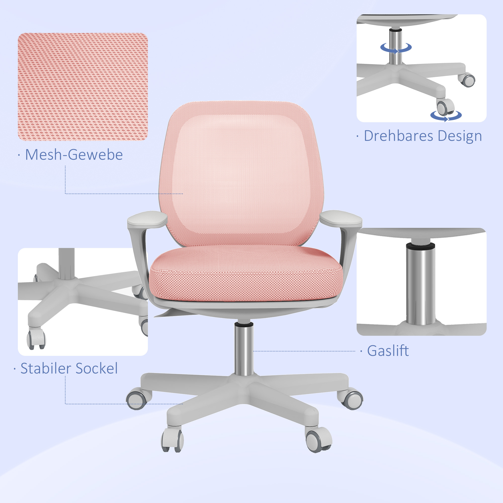 Bürostuhl, Ergonomisch Schreibtischstuhl mit Drehfunktion, Höhenverstellbar 55 x 48 x 82,5-94,5 cm Rosa