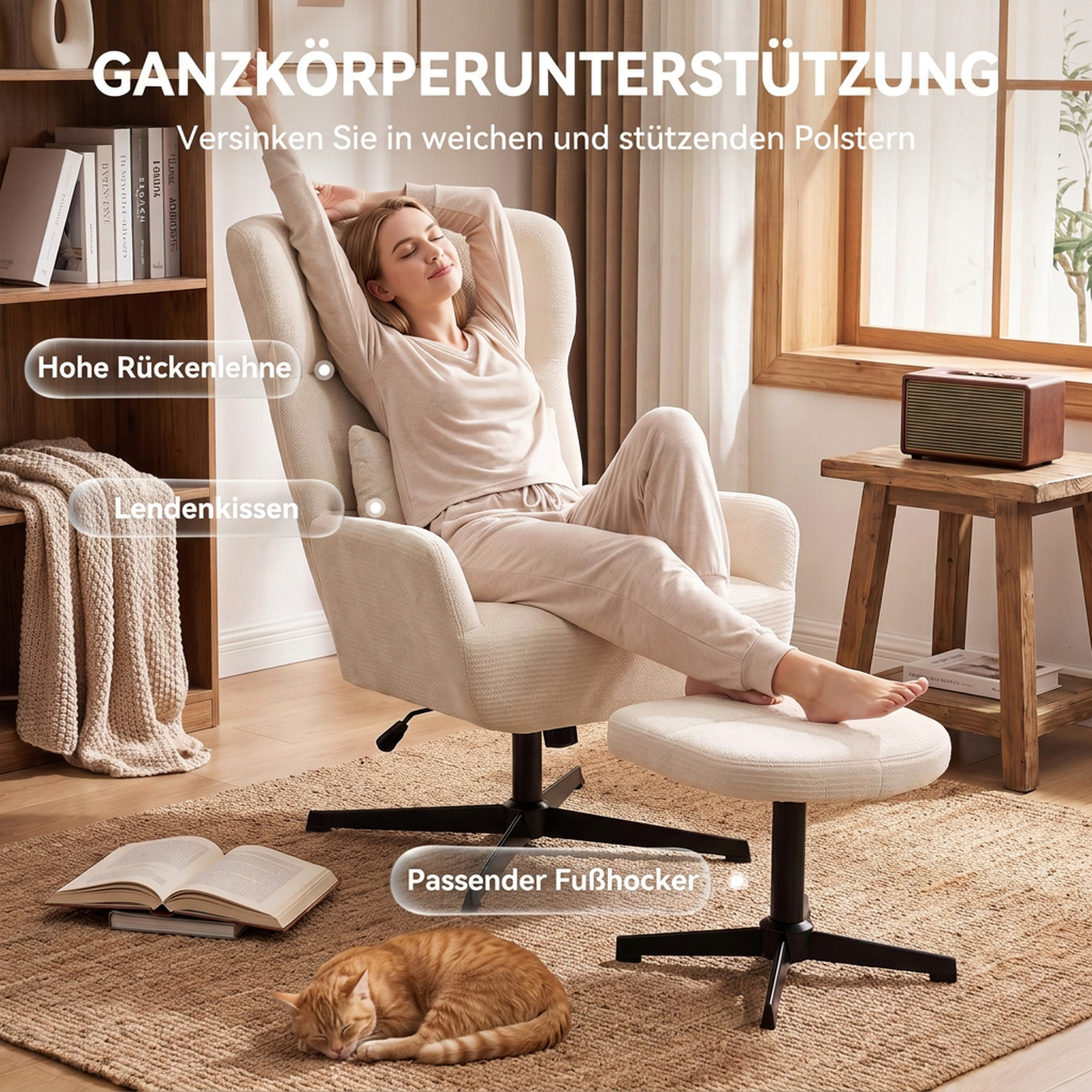 360° drehbarer Loungesessel mit Hocker, höhenverstellbar, Chenille-Bezug, mit Lendenkissen, Cremeweiß