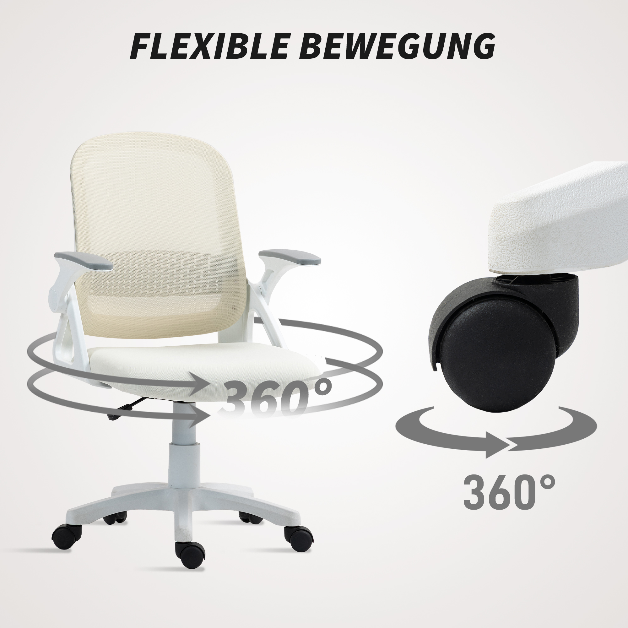 atmungsaktiver Mesh-Bürostuhl, Ergonomischer Drehstuhl mit klappbaren Armlehnen und Lendenwirbelstütze, Weiß