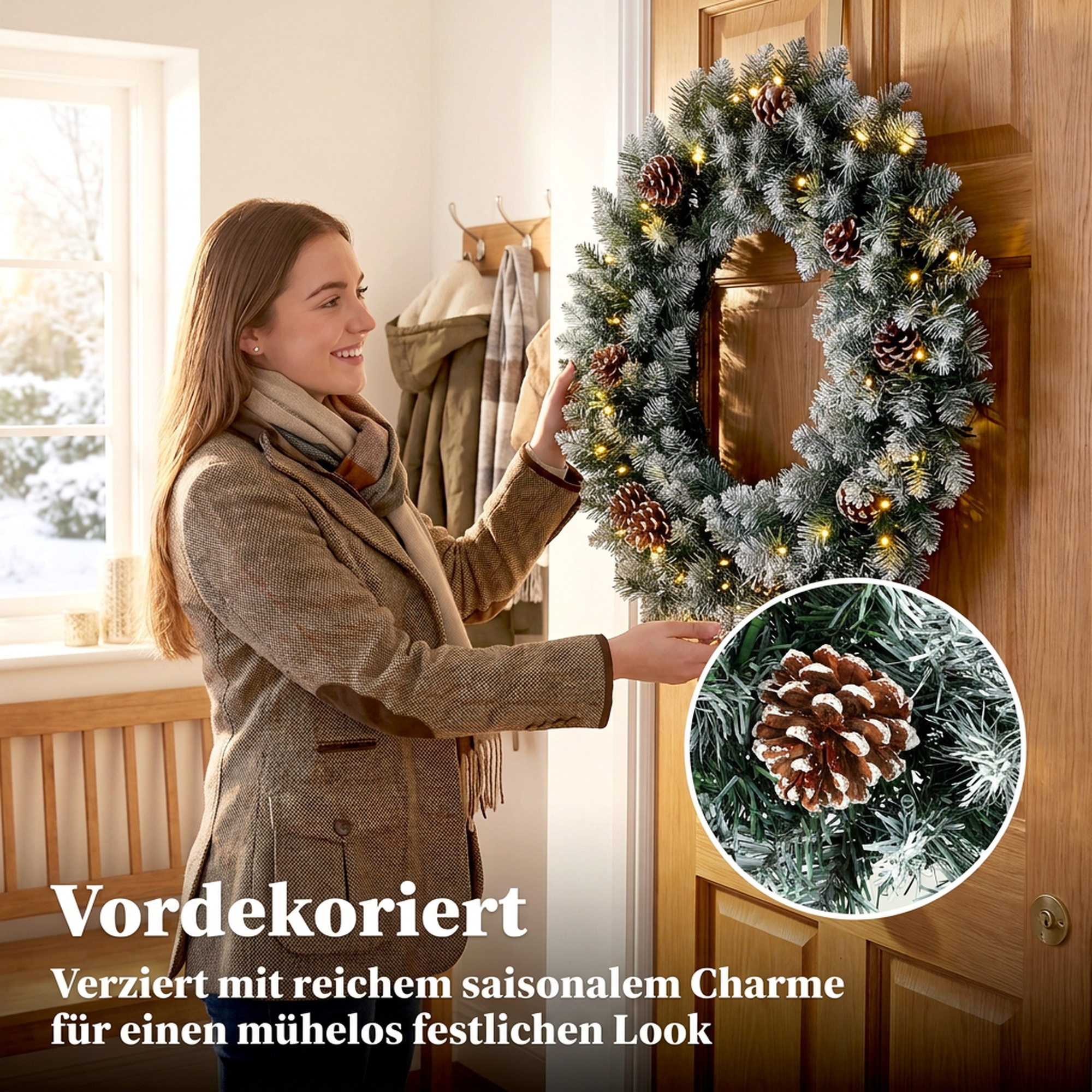 Weihnachtskranz 60 cm Beleuchtet Türkranz mit 50 LEDs Zapfen Kunstschnee für Weihnachten Advent Haustür