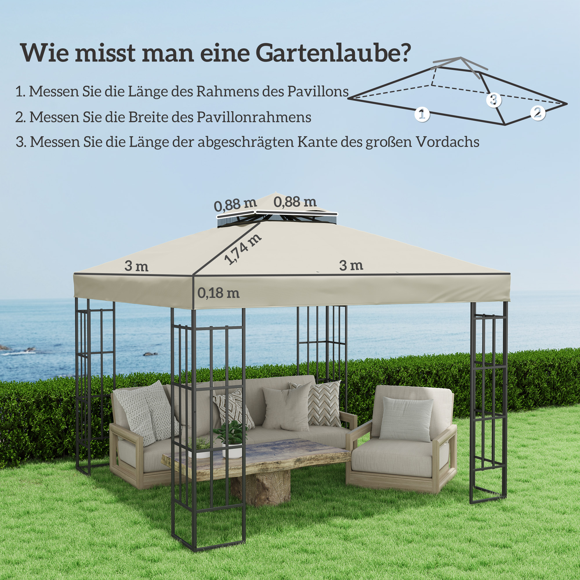 3 x 3 m Ersatzdach für Pavillon, Pavillon-Ersatzplane mit Wasserablauf-Löchern, UPF30+, Sonnenschutz, Cremeweiß