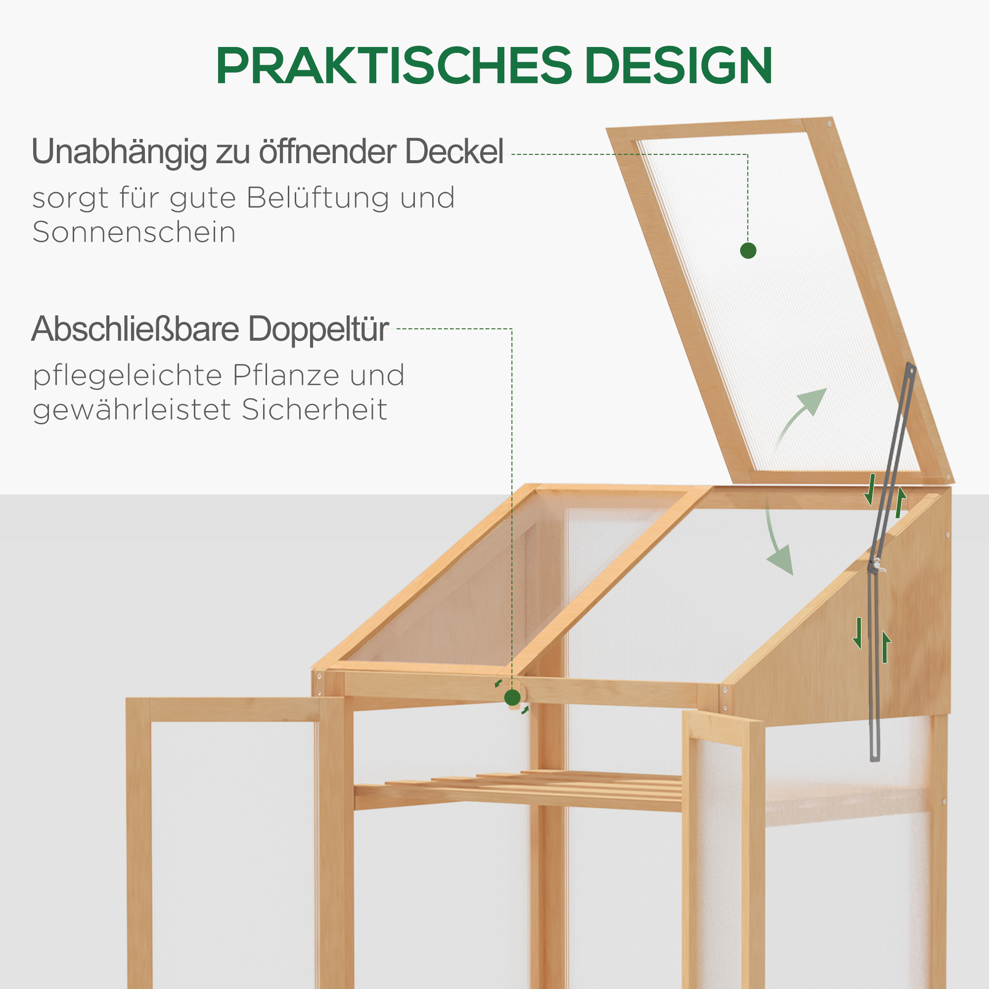 Mini-Gewächshaus, kleines Treibhaus mit Holzrahmen, Fenster und Doppeltür, 3 Regale, 70L x 50B x 120H cm, Braun