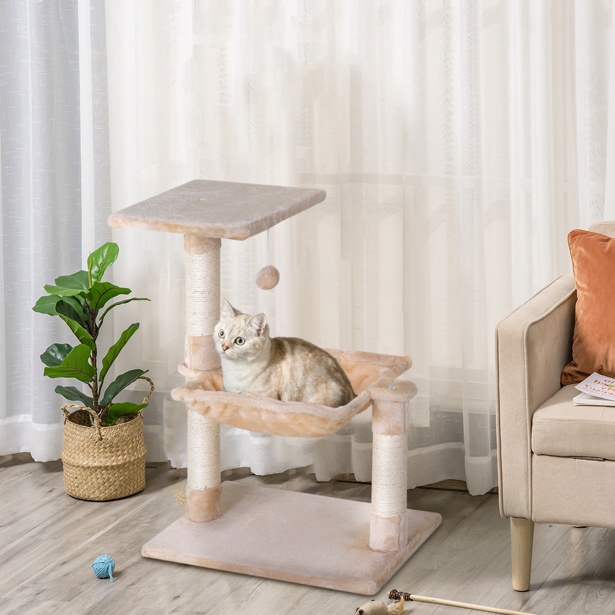 Kletterbaum Katzenbaum Kratzbaum mit Sisalsäule Plüsch-Hängematte Spanplatte Beige 50 x 36 x 70 cm