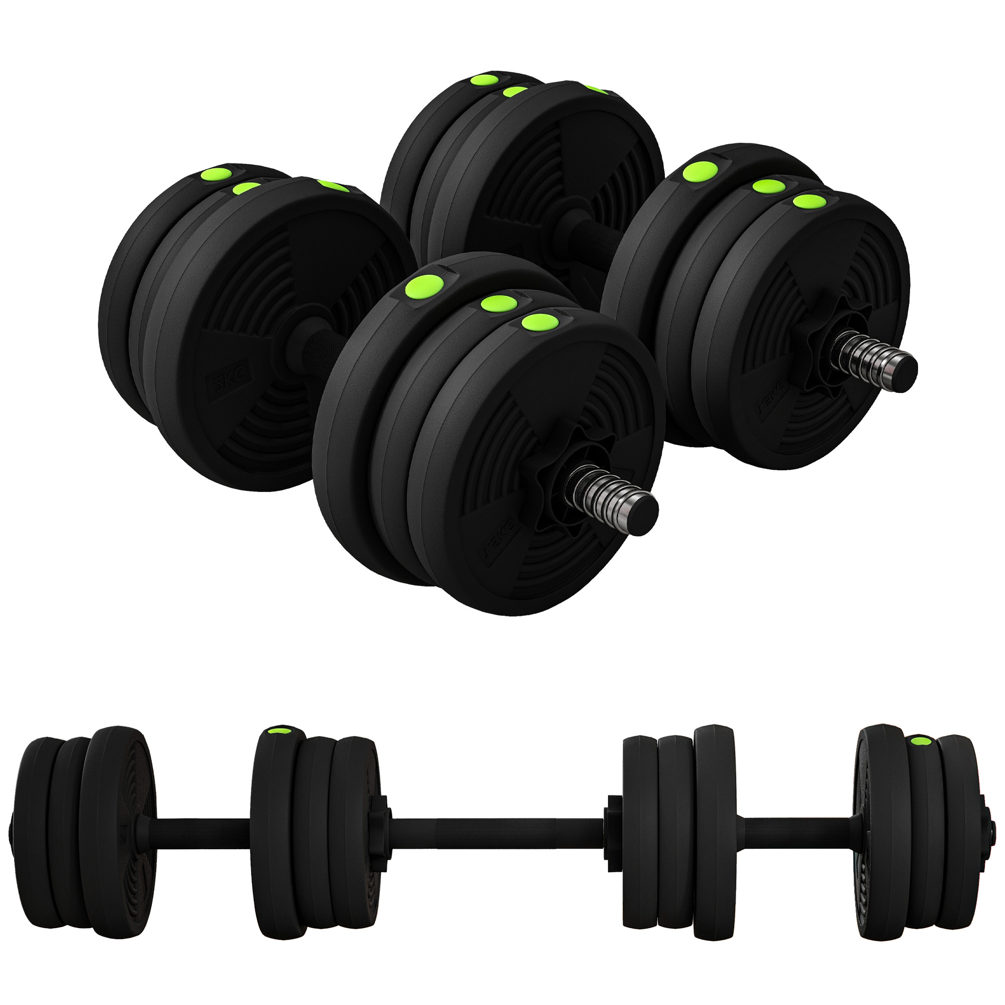 2-in-1 Hantel-Set, Lang- & Kurzhantel, 20 kg, rutschfest, bodenschonend, Schwarz/Grün